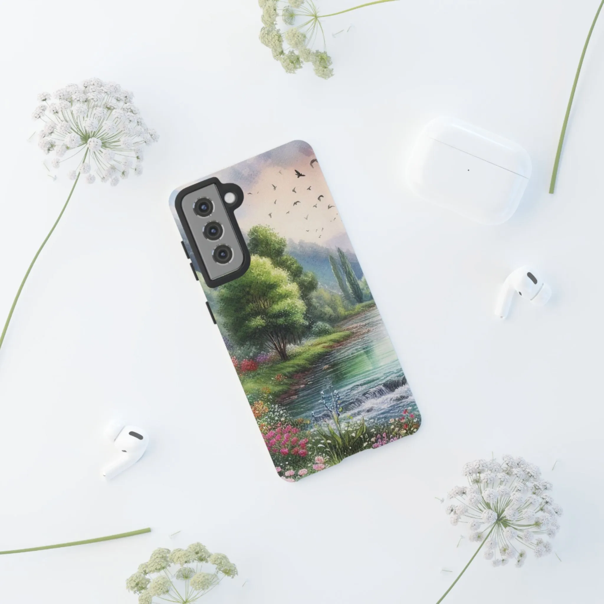 Colorful flowers and nature by a flowing river in spring watercolour effect Tough Cases