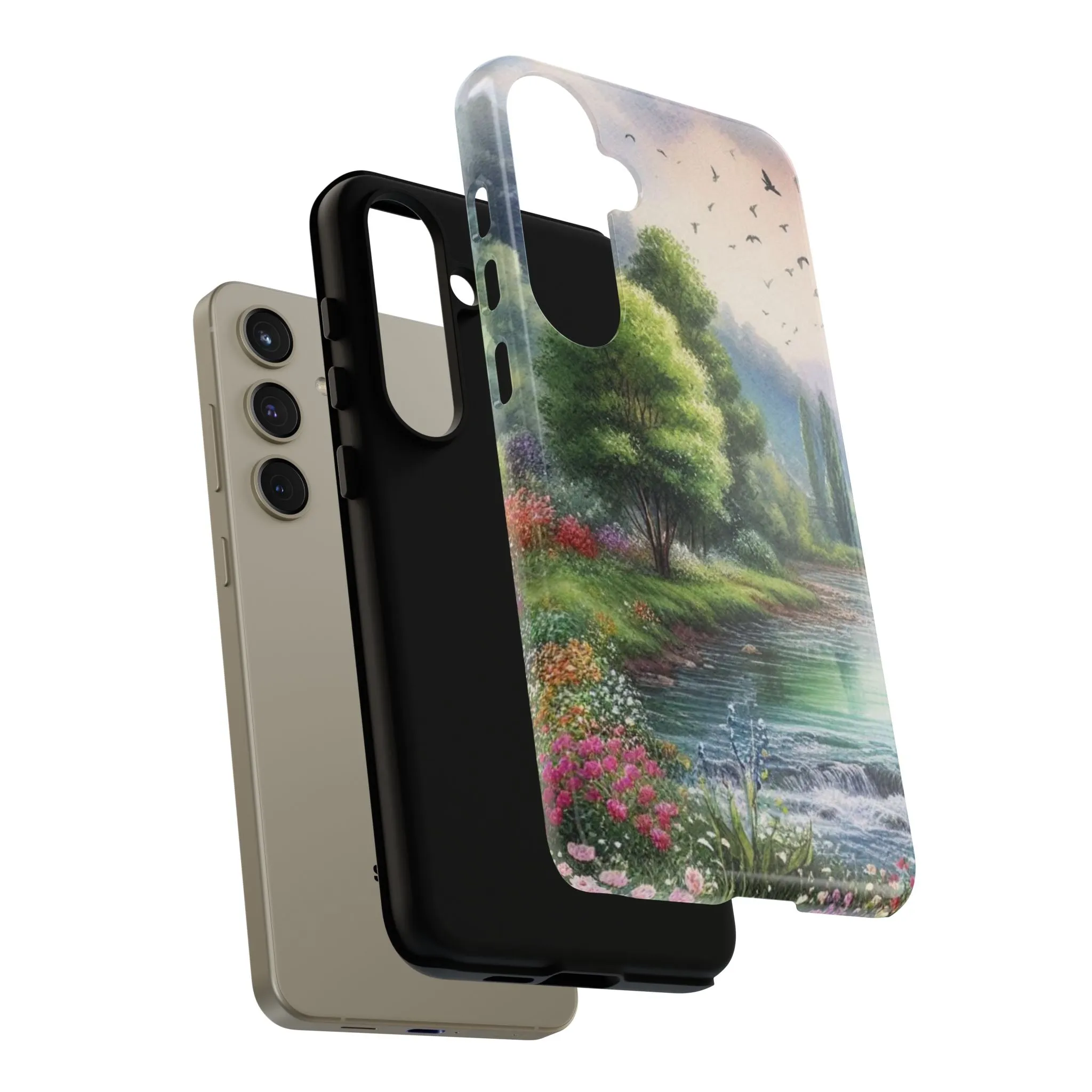 Colorful flowers and nature by a flowing river in spring watercolour effect Tough Cases
