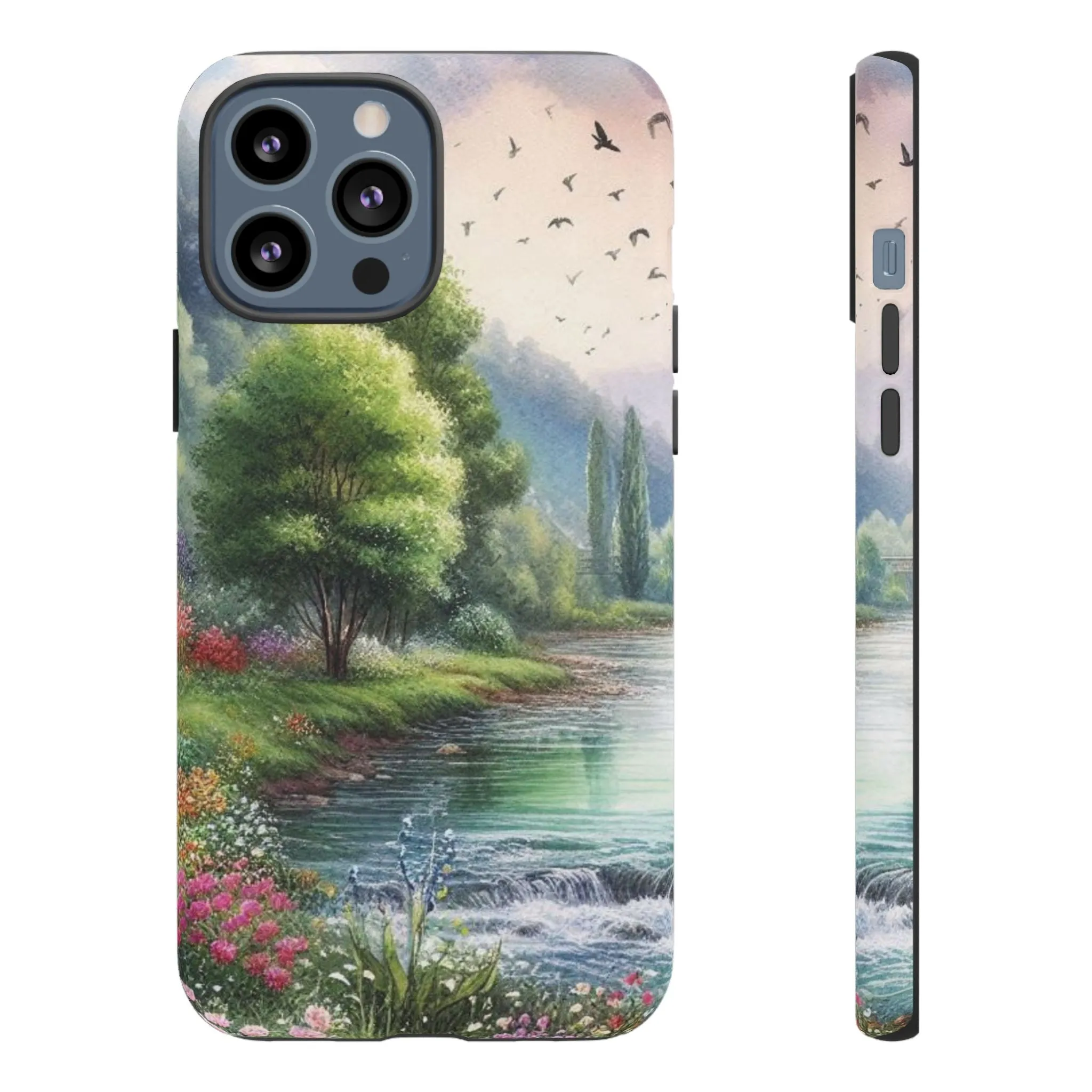 Colorful flowers and nature by a flowing river in spring watercolour effect Tough Cases