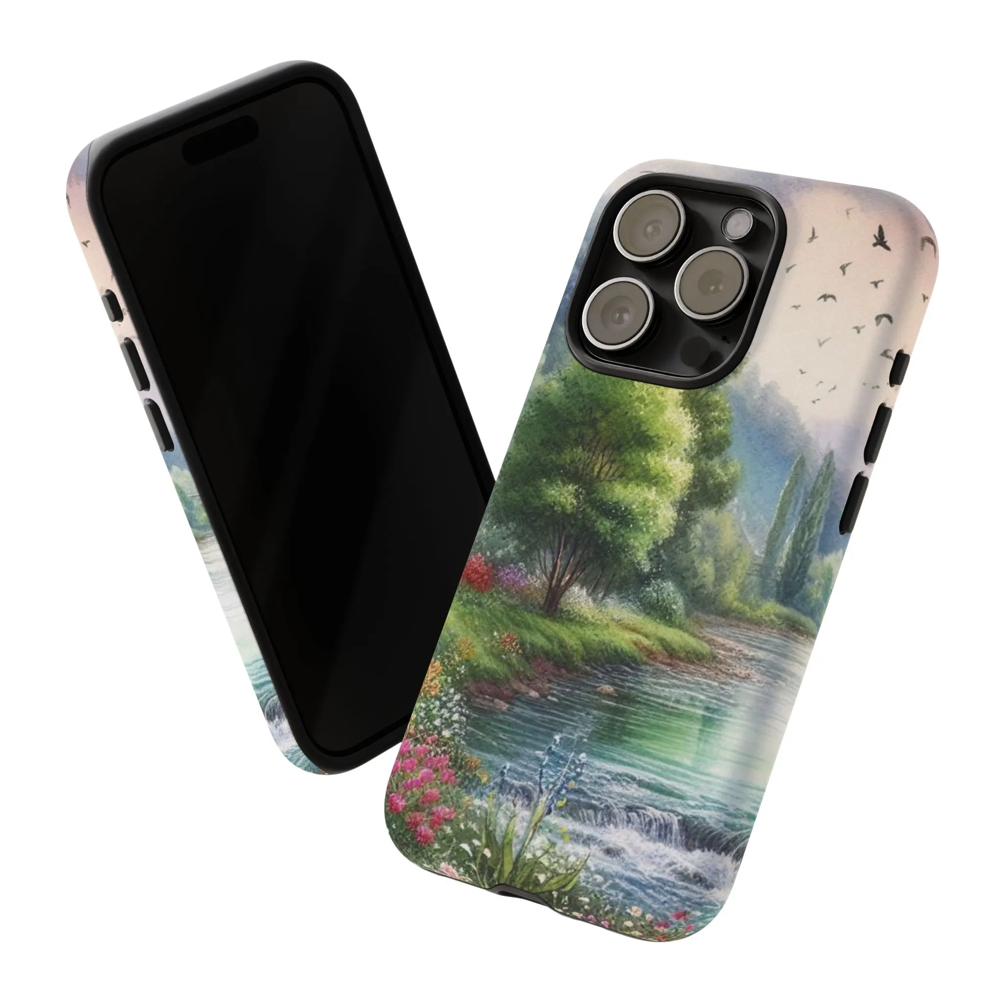 Colorful flowers and nature by a flowing river in spring watercolour effect Tough Cases