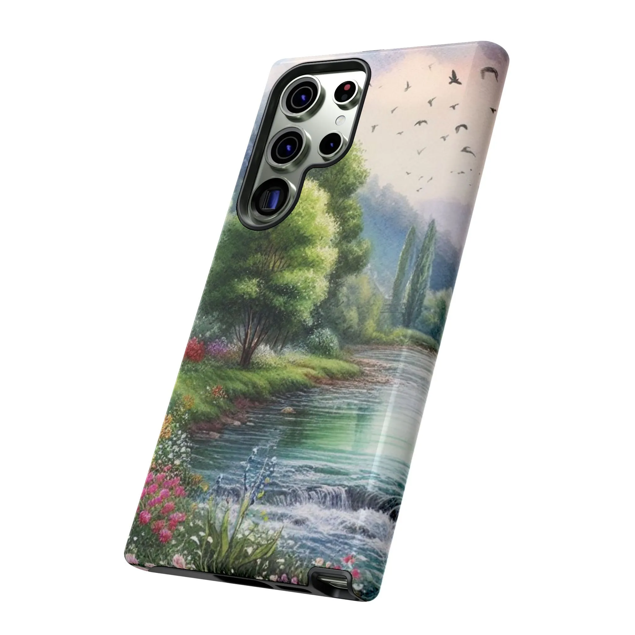 Colorful flowers and nature by a flowing river in spring watercolour effect Tough Cases