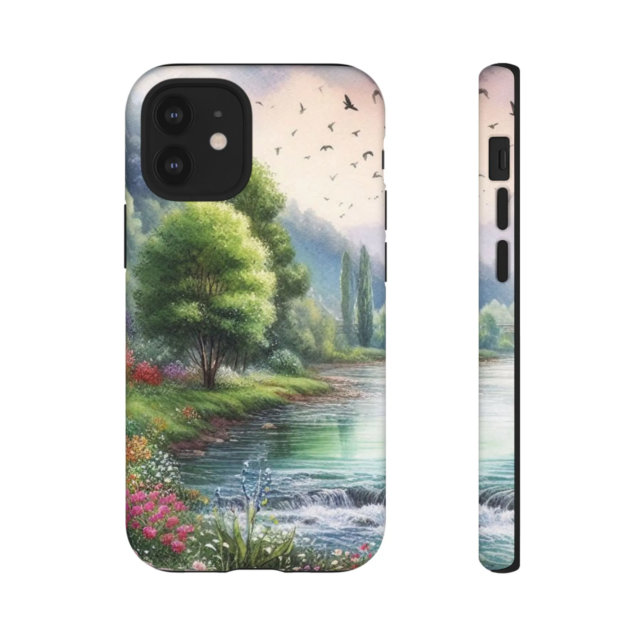 Colorful flowers and nature by a flowing river in spring watercolour effect Tough Cases