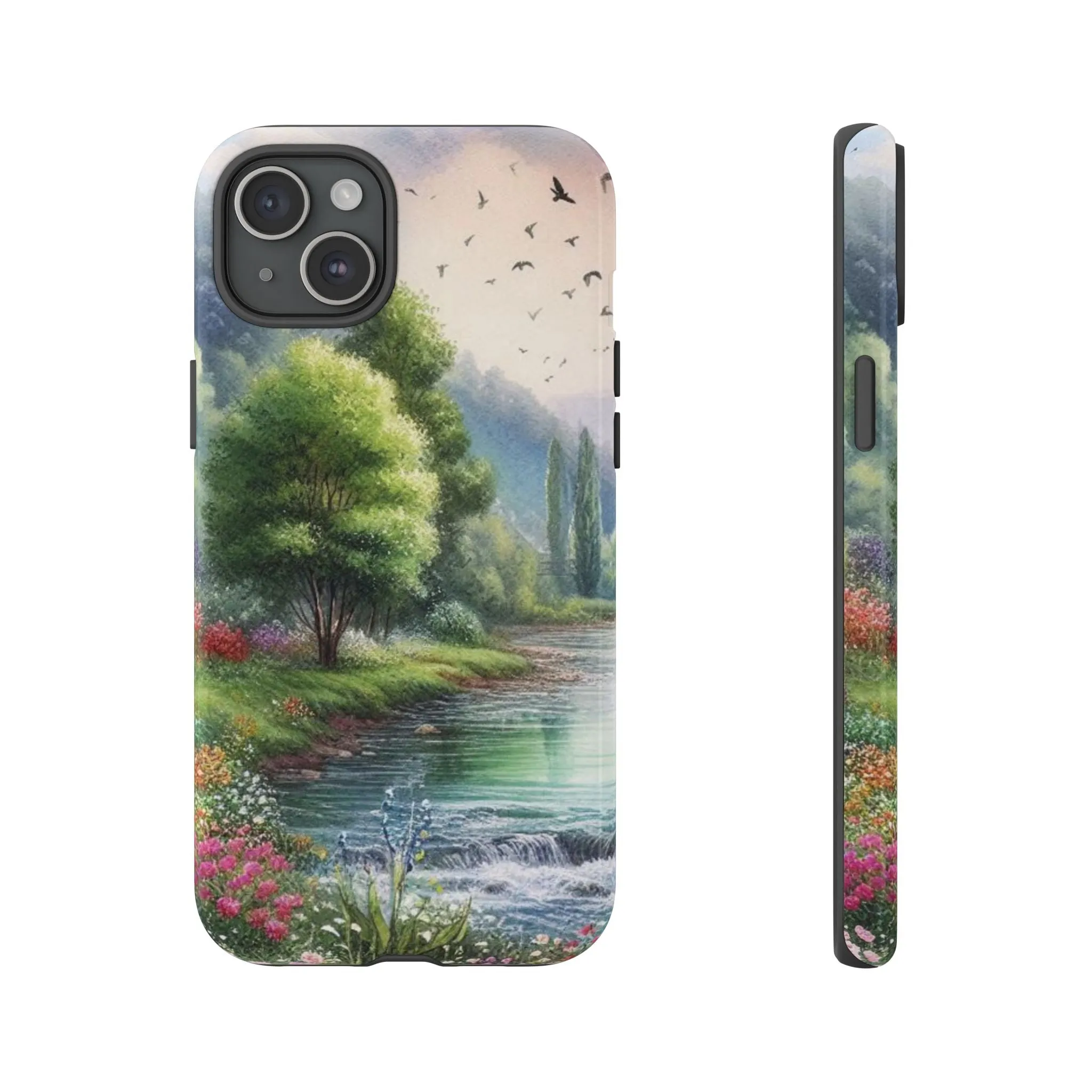 Colorful flowers and nature by a flowing river in spring watercolour effect Tough Cases