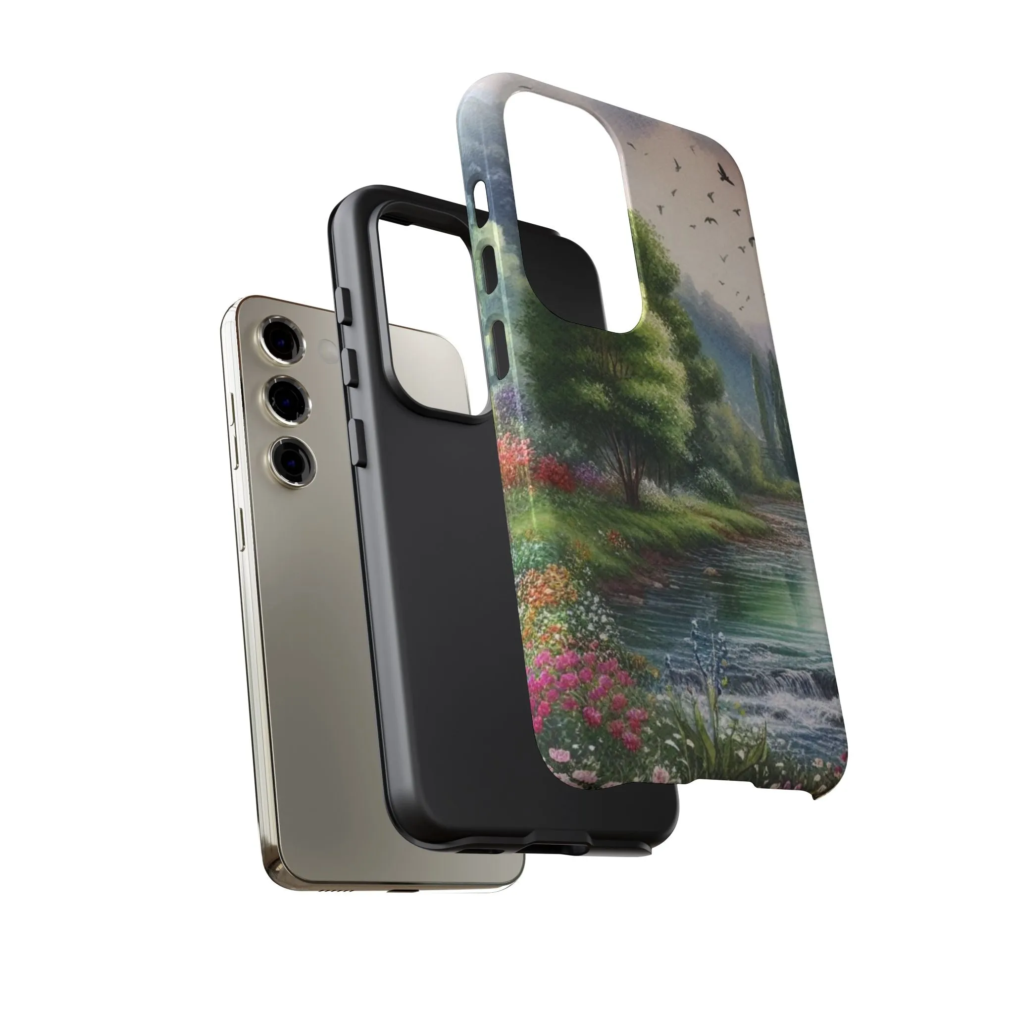 Colorful flowers and nature by a flowing river in spring watercolour effect Tough Cases