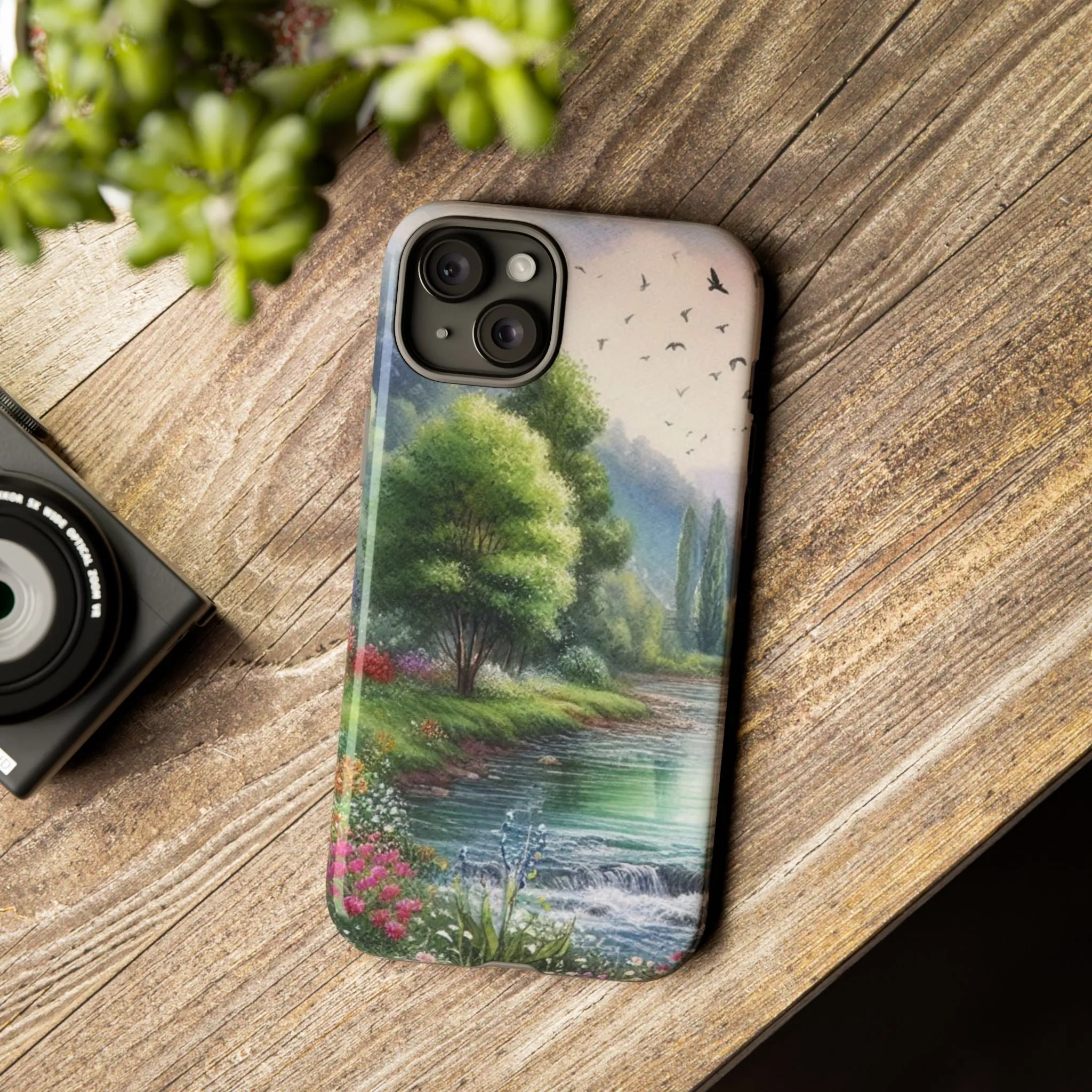 Colorful flowers and nature by a flowing river in spring watercolour effect Tough Cases