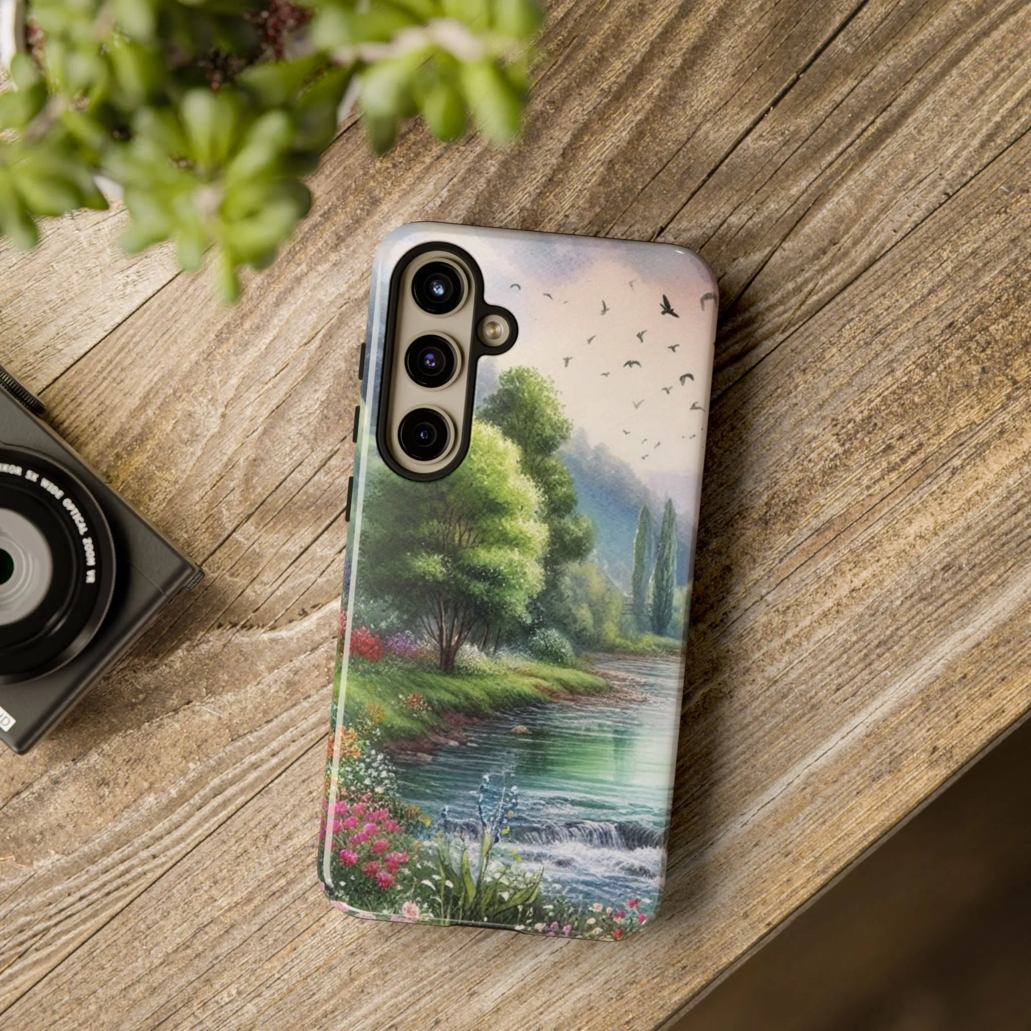 Colorful flowers and nature by a flowing river in spring watercolour effect Tough Cases