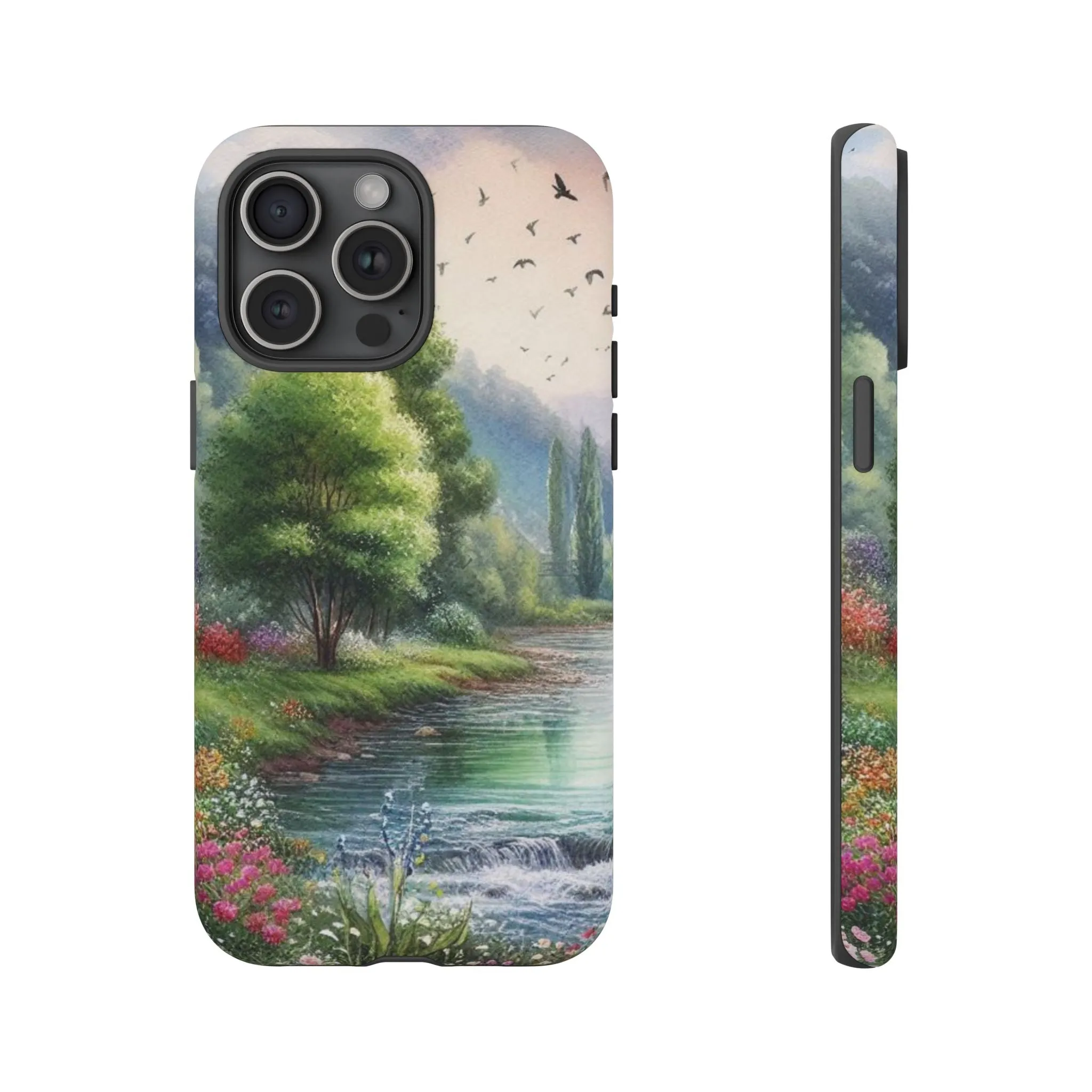 Colorful flowers and nature by a flowing river in spring watercolour effect Tough Cases