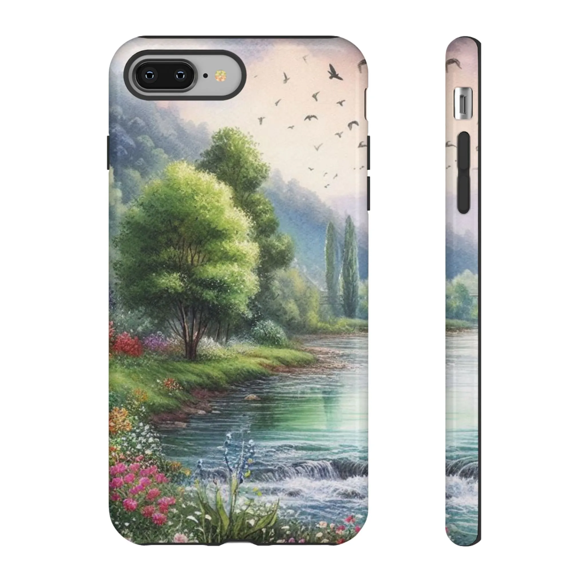 Colorful flowers and nature by a flowing river in spring watercolour effect Tough Cases