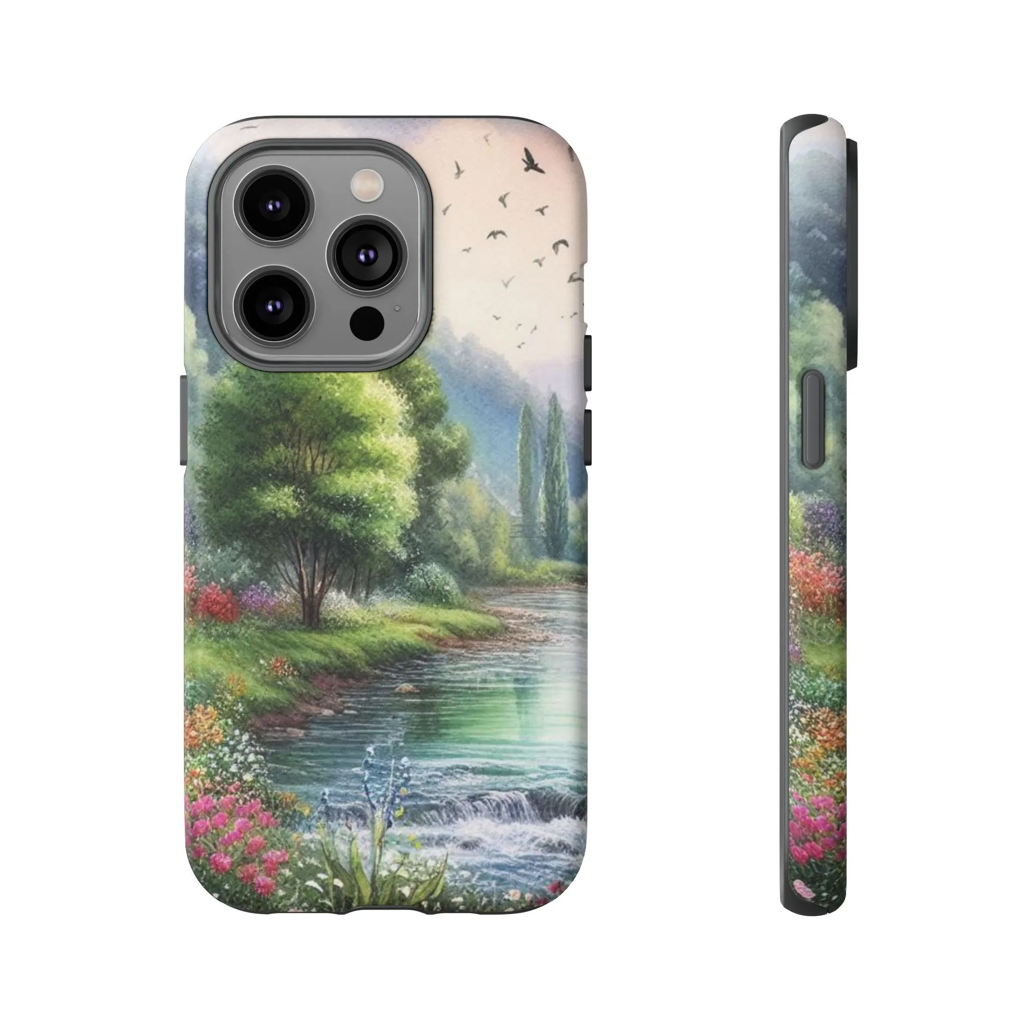 Colorful flowers and nature by a flowing river in spring watercolour effect Tough Cases
