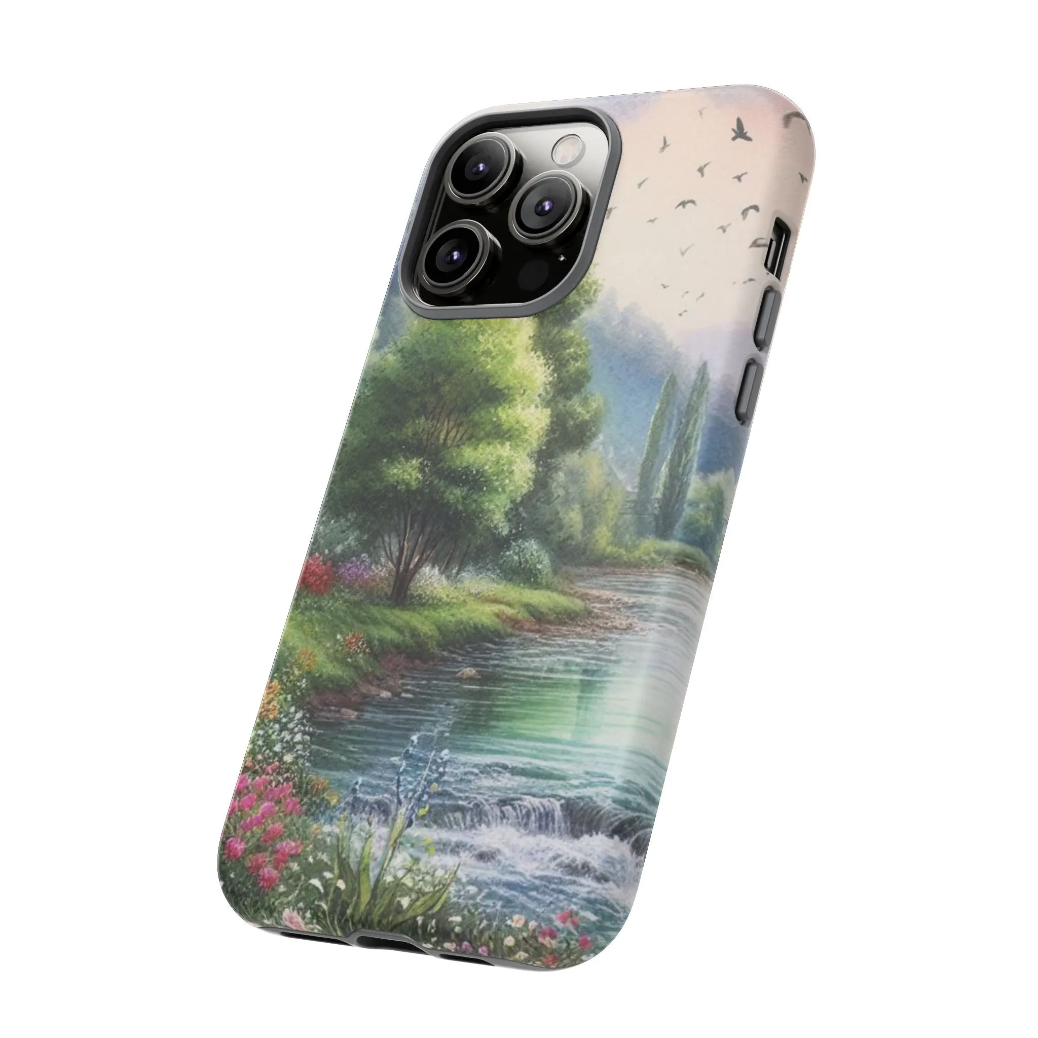 Colorful flowers and nature by a flowing river in spring watercolour effect Tough Cases