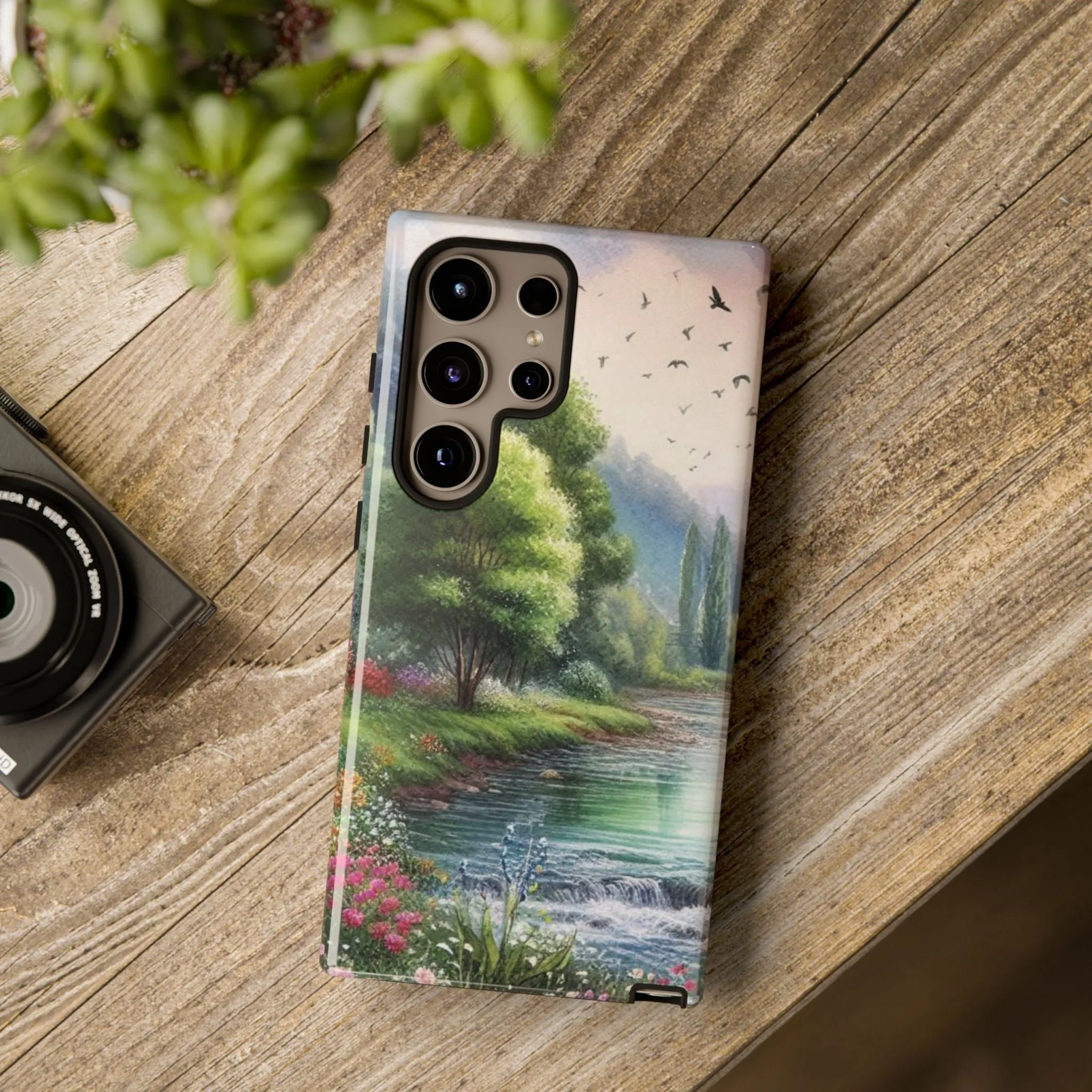 Colorful flowers and nature by a flowing river in spring watercolour effect Tough Cases