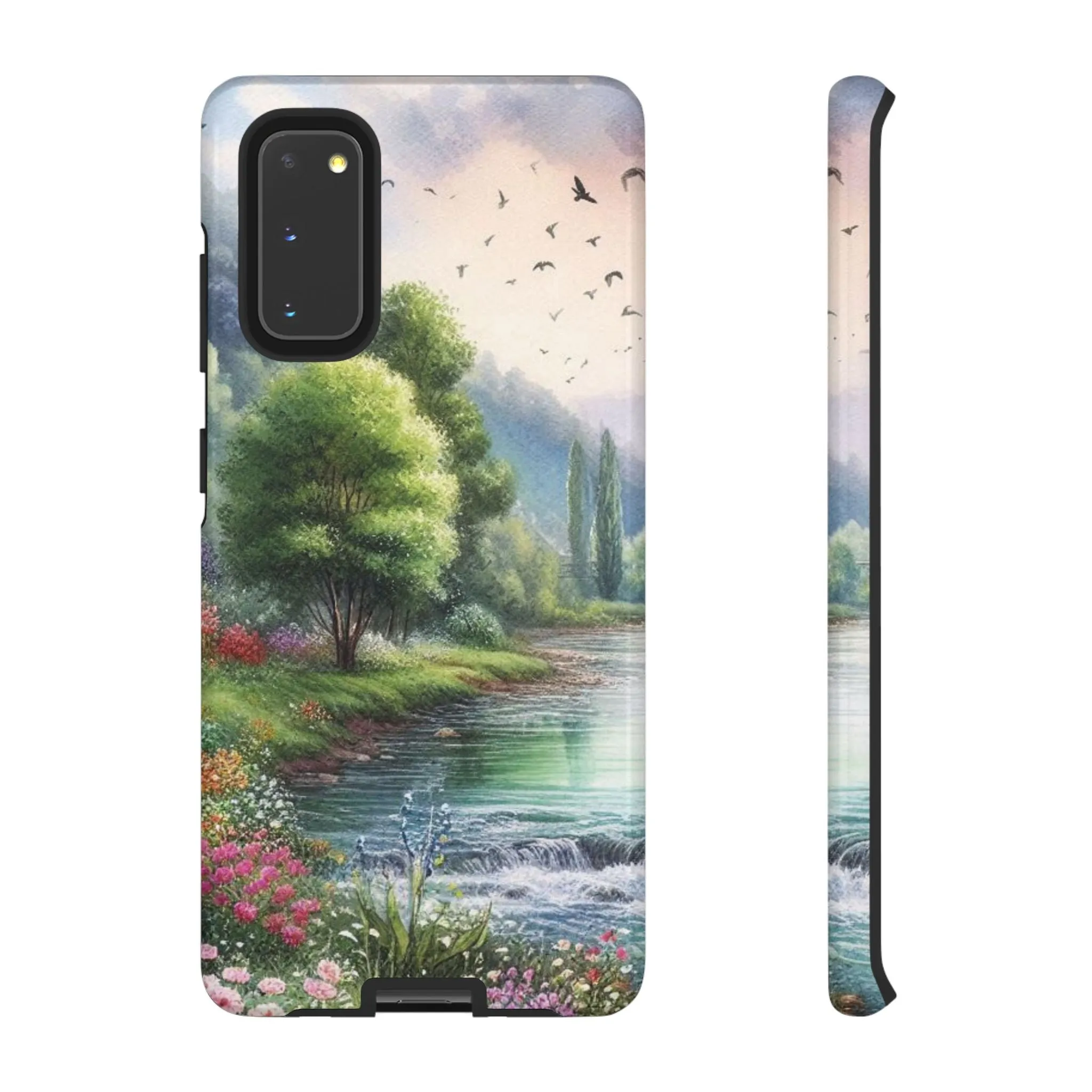 Colorful flowers and nature by a flowing river in spring watercolour effect Tough Cases