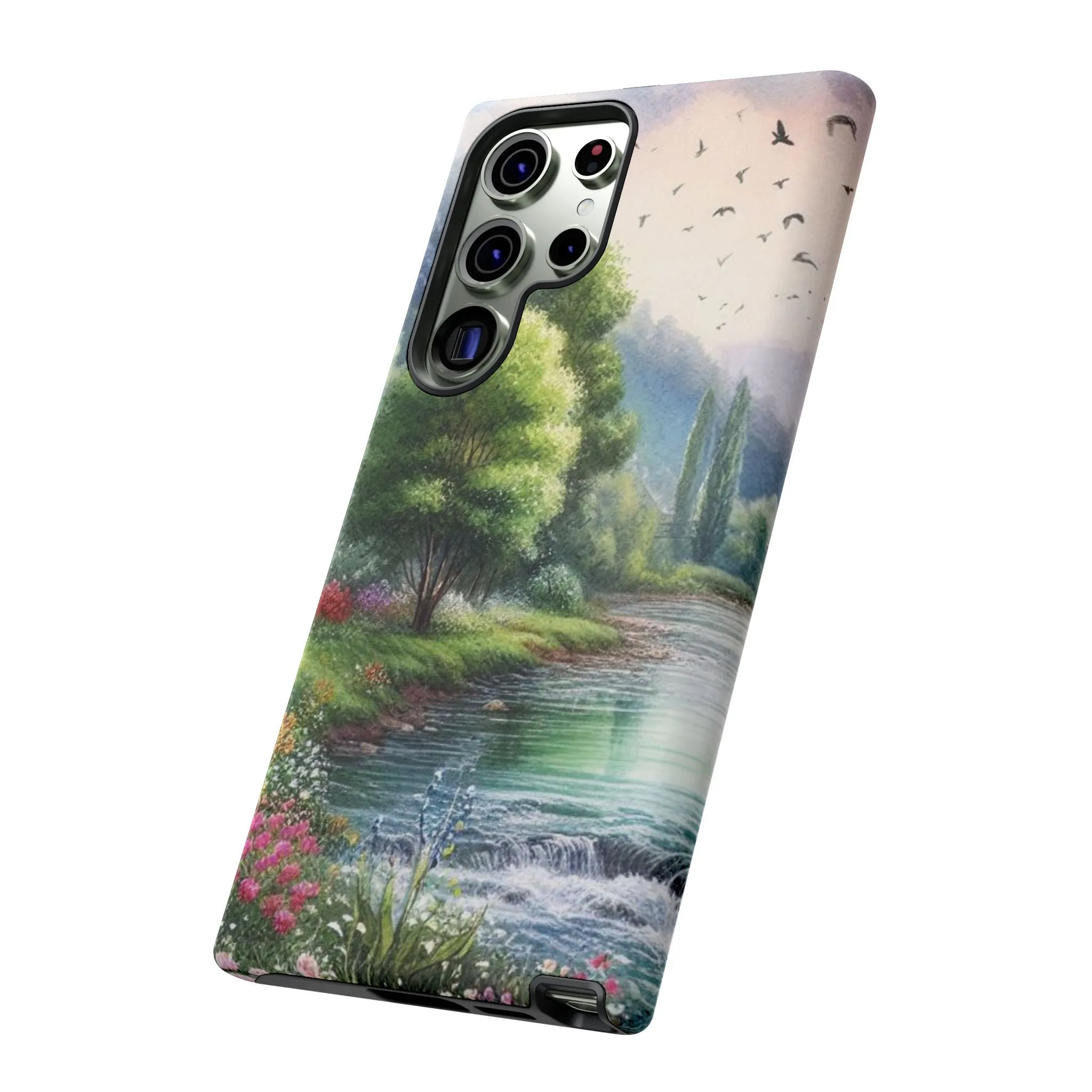 Colorful flowers and nature by a flowing river in spring watercolour effect Tough Cases