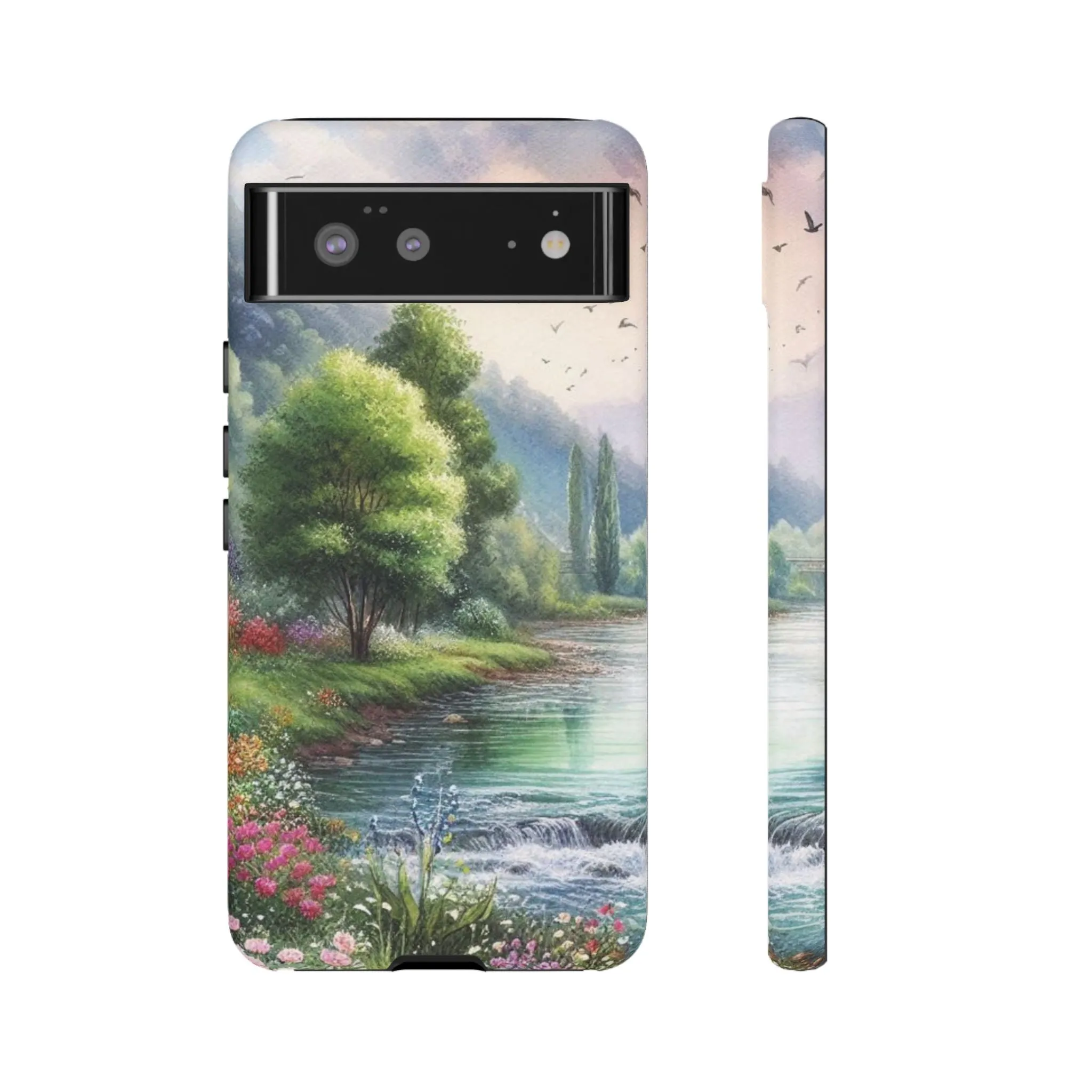 Colorful flowers and nature by a flowing river in spring watercolour effect Tough Cases