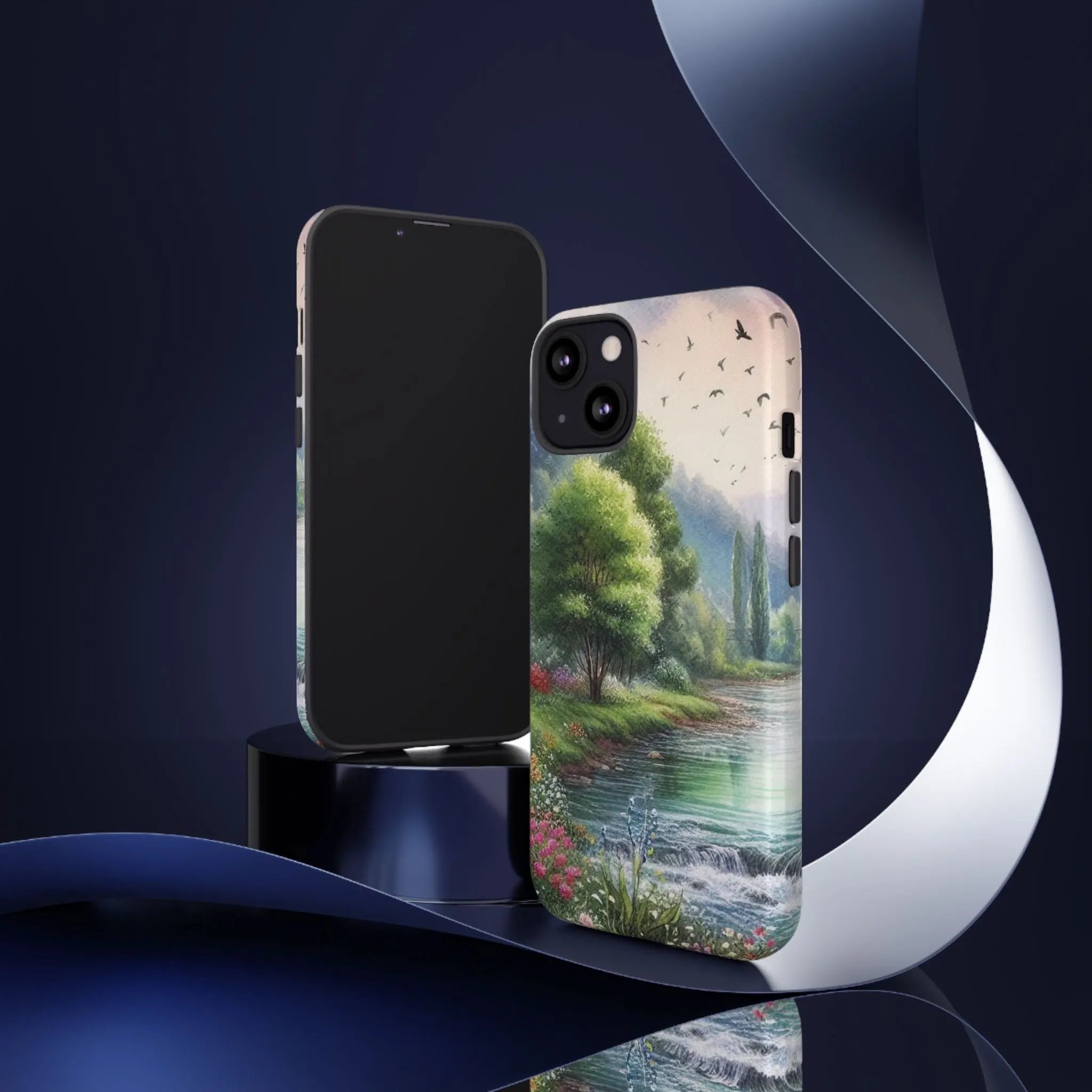 Colorful flowers and nature by a flowing river in spring watercolour effect Tough Cases