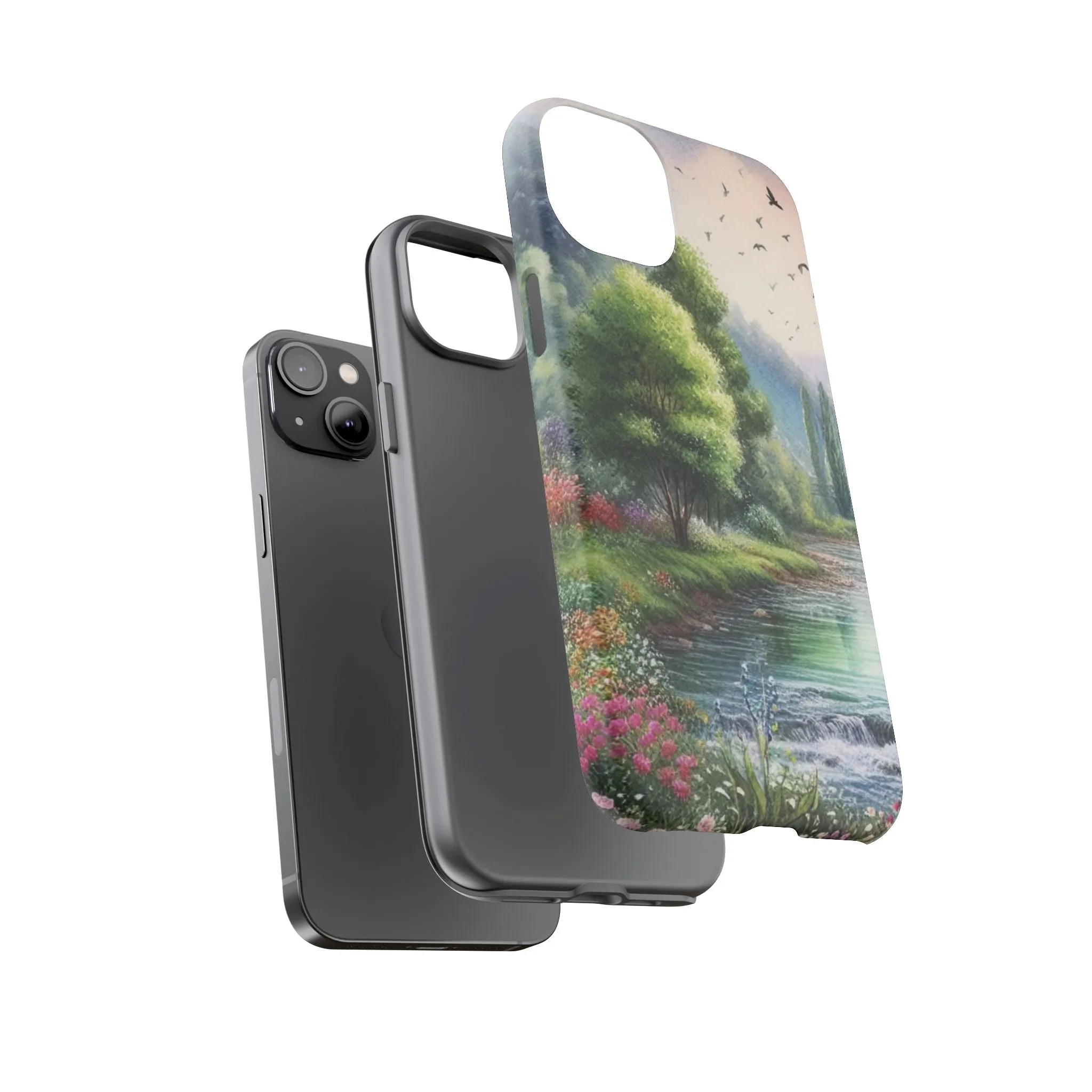 Colorful flowers and nature by a flowing river in spring watercolour effect Tough Cases