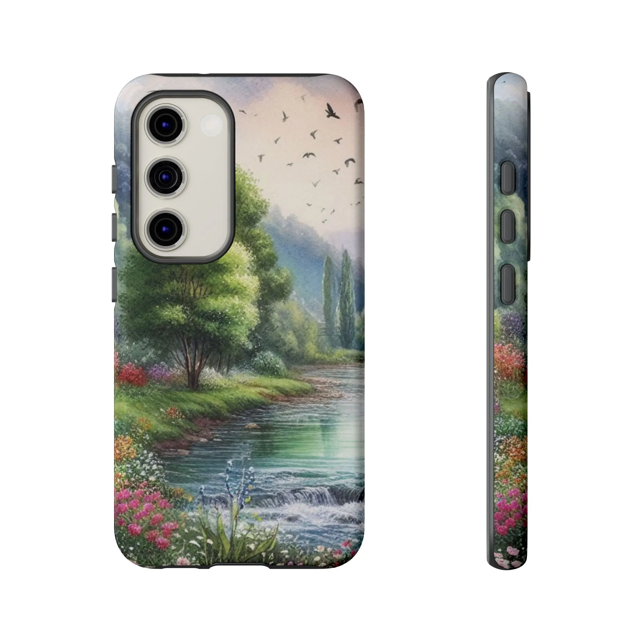 Colorful flowers and nature by a flowing river in spring watercolour effect Tough Cases