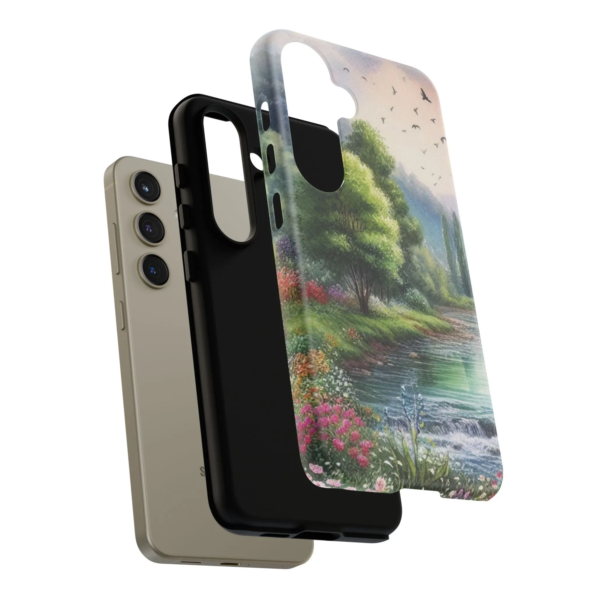 Colorful flowers and nature by a flowing river in spring watercolour effect Tough Cases
