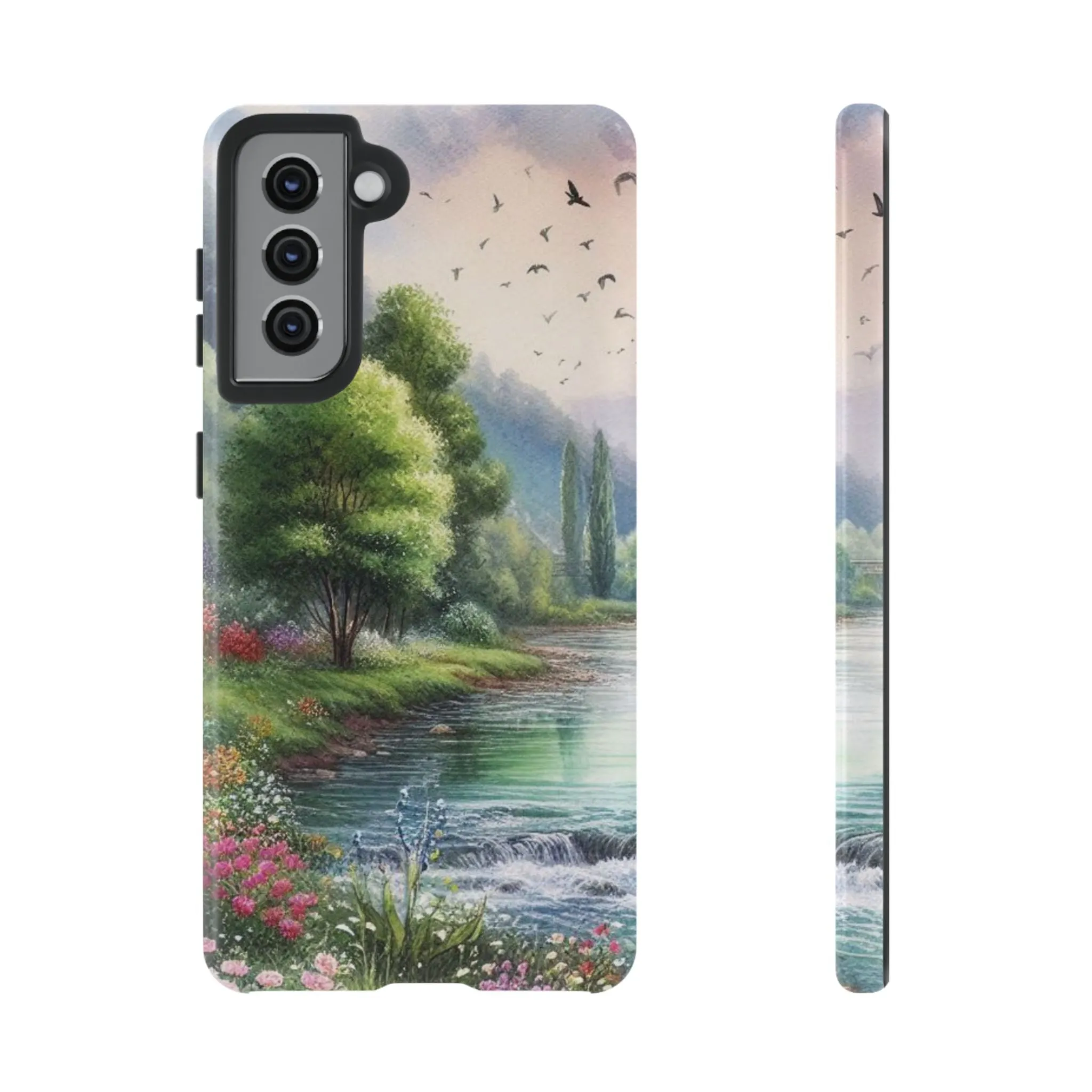 Colorful flowers and nature by a flowing river in spring watercolour effect Tough Cases