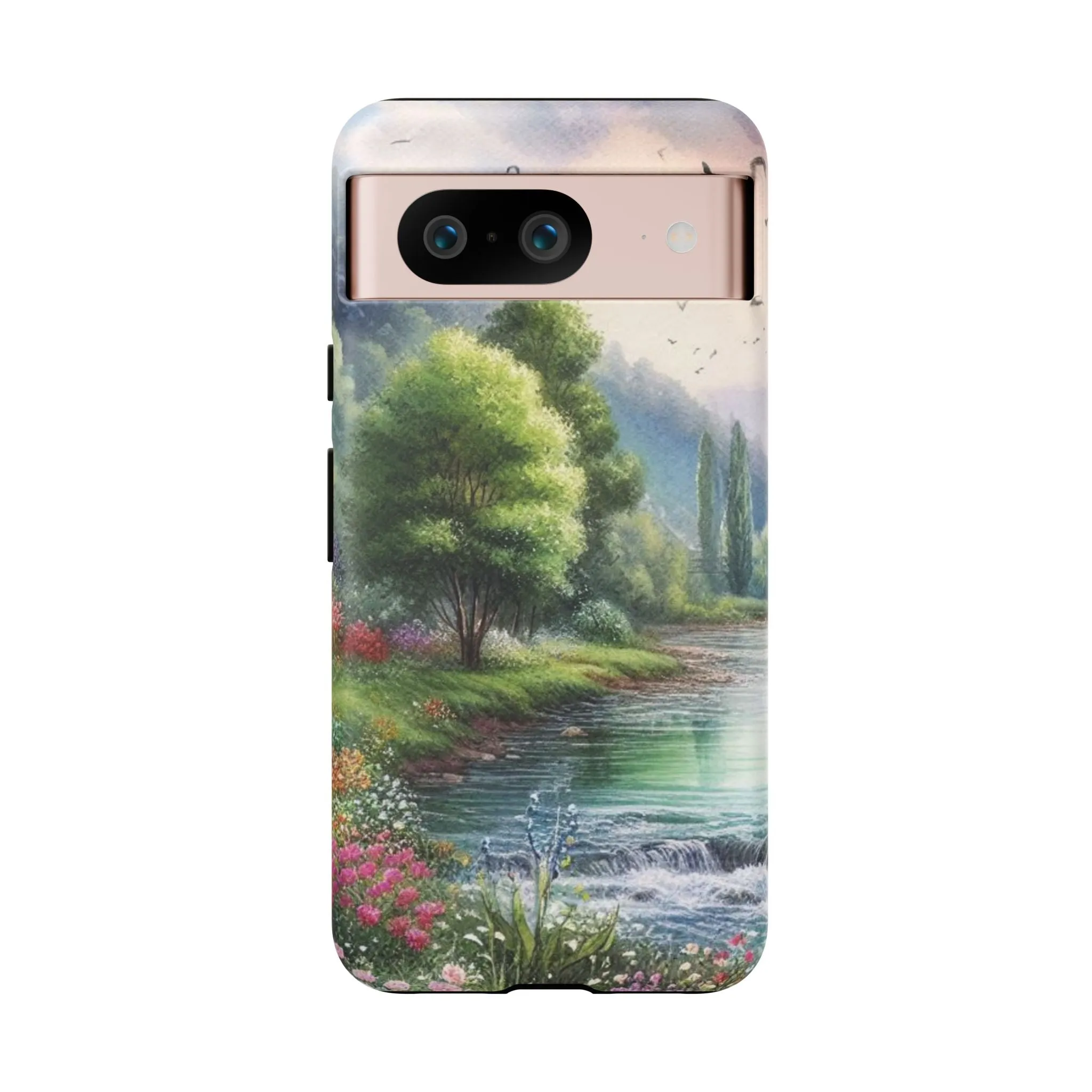 Colorful flowers and nature by a flowing river in spring watercolour effect Tough Cases
