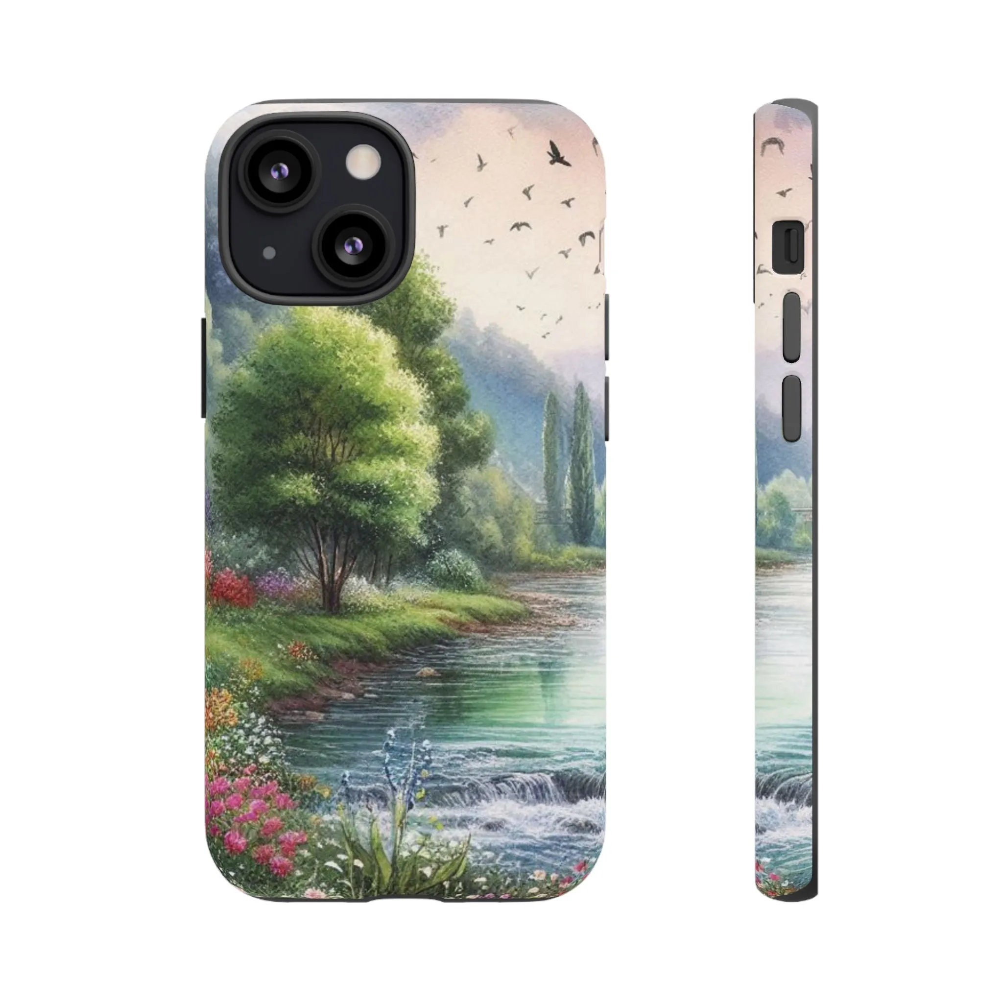 Colorful flowers and nature by a flowing river in spring watercolour effect Tough Cases