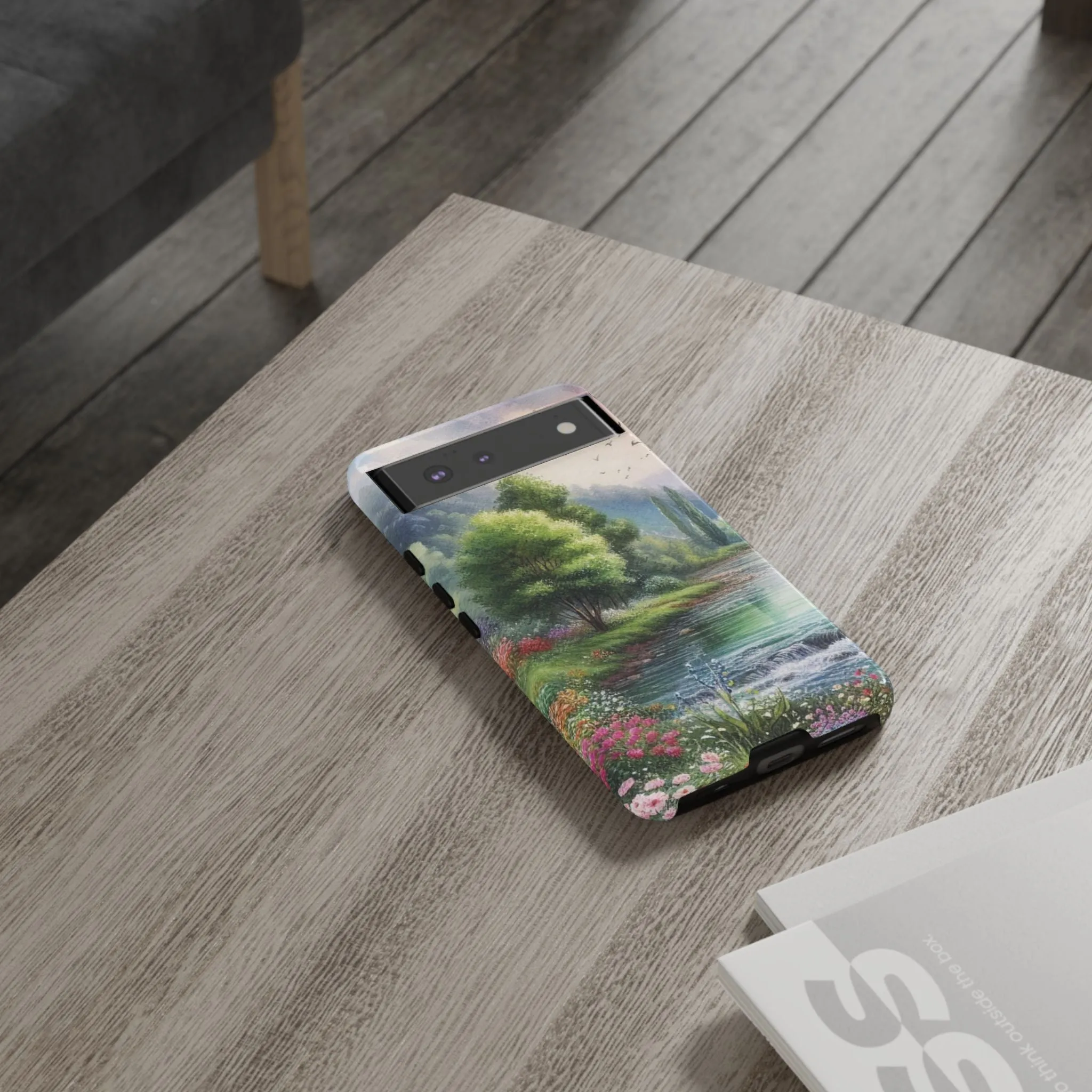Colorful flowers and nature by a flowing river in spring watercolour effect Tough Cases