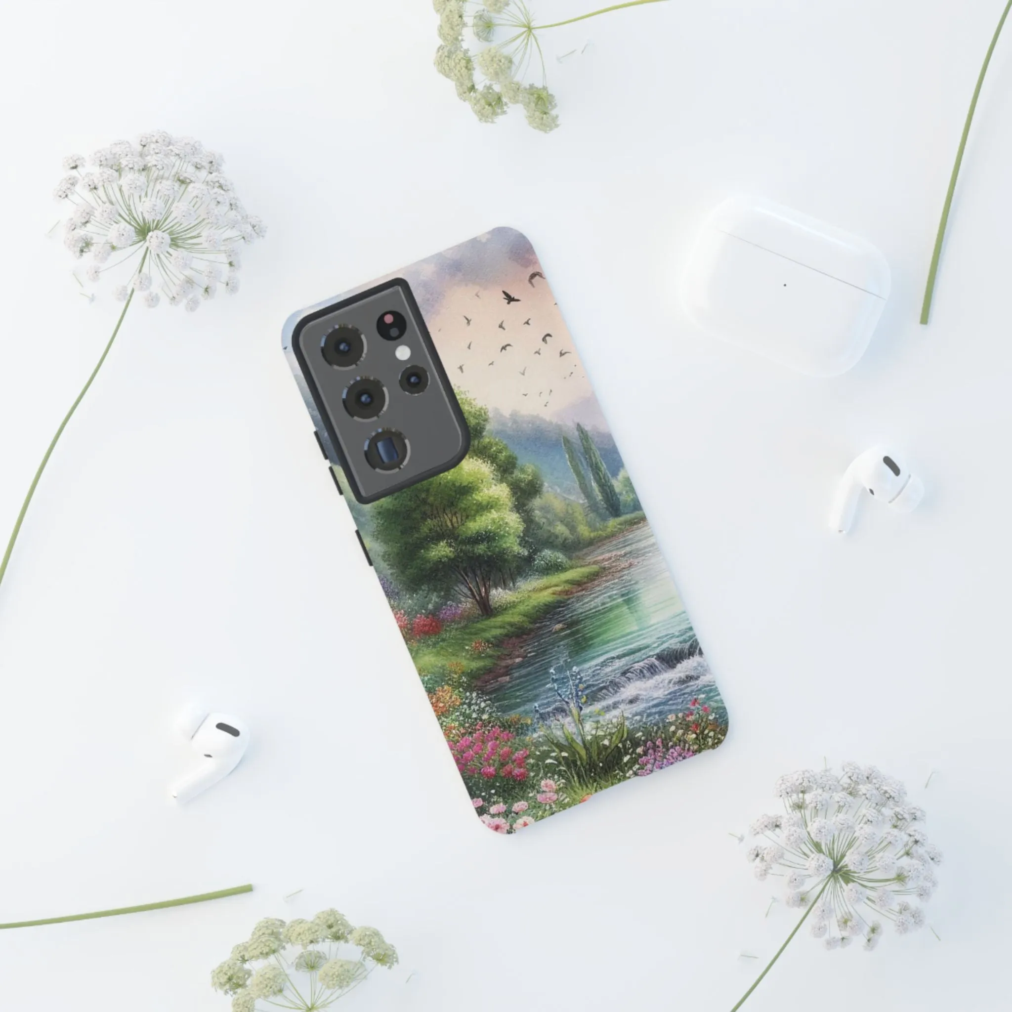 Colorful flowers and nature by a flowing river in spring watercolour effect Tough Cases