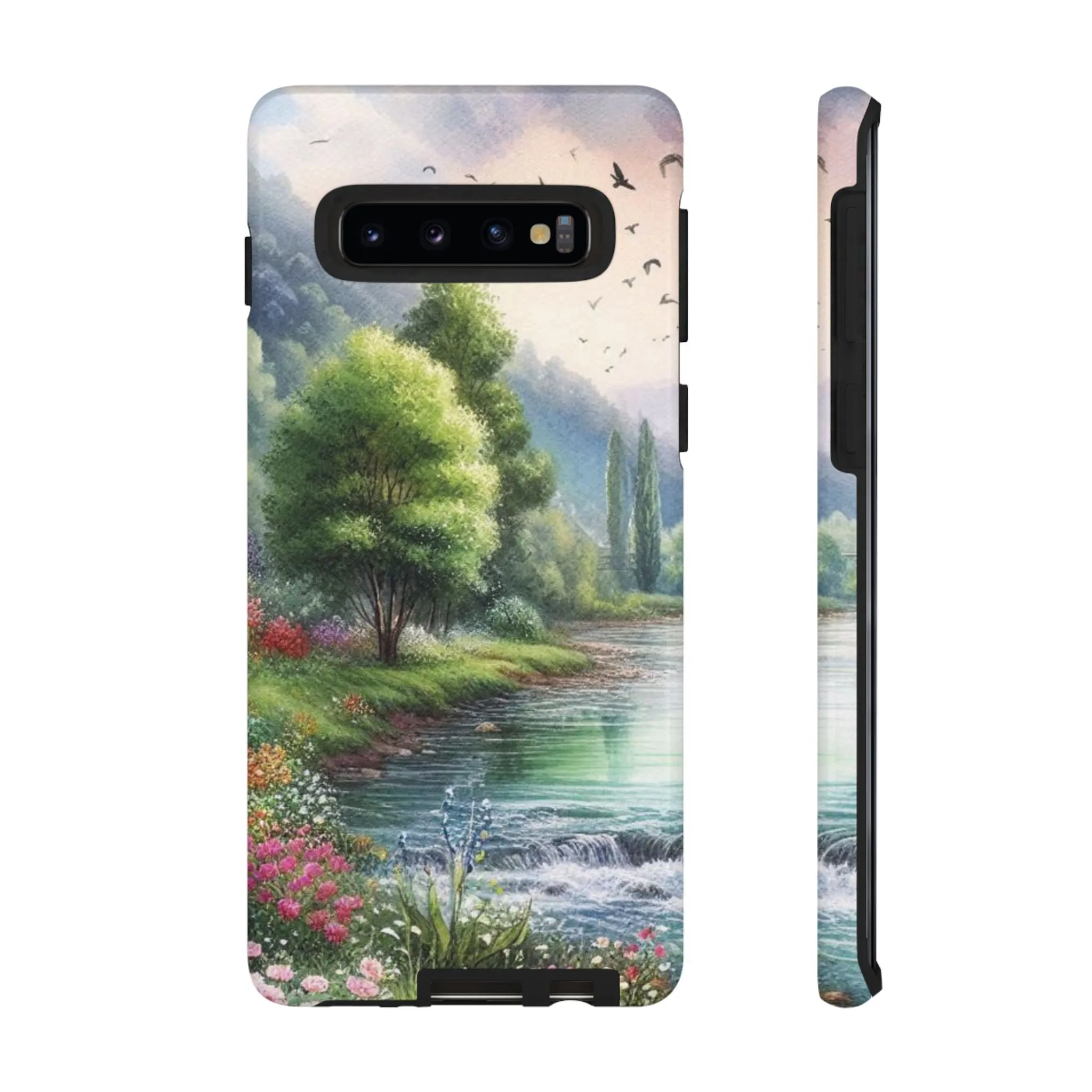 Colorful flowers and nature by a flowing river in spring watercolour effect Tough Cases