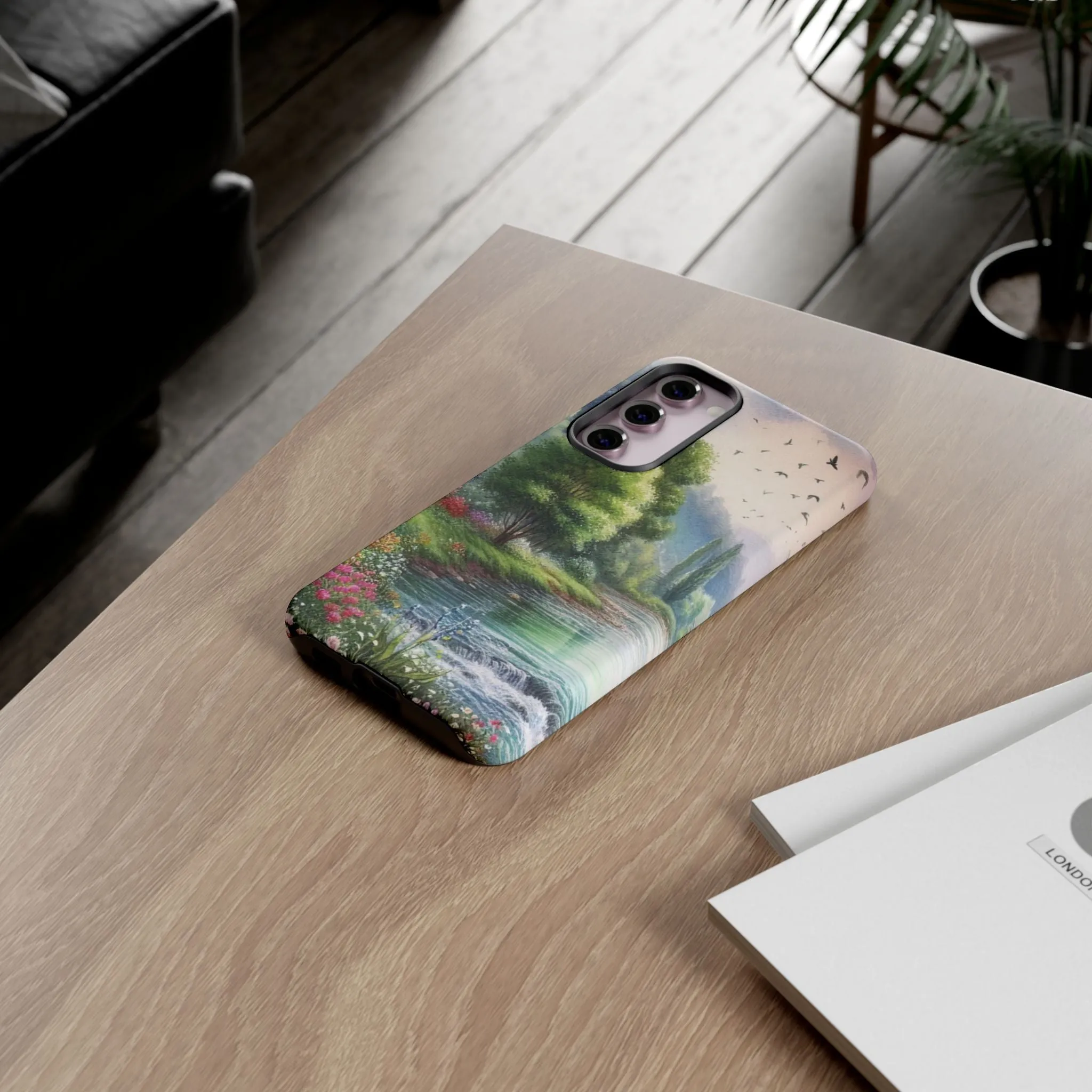 Colorful flowers and nature by a flowing river in spring watercolour effect Tough Cases