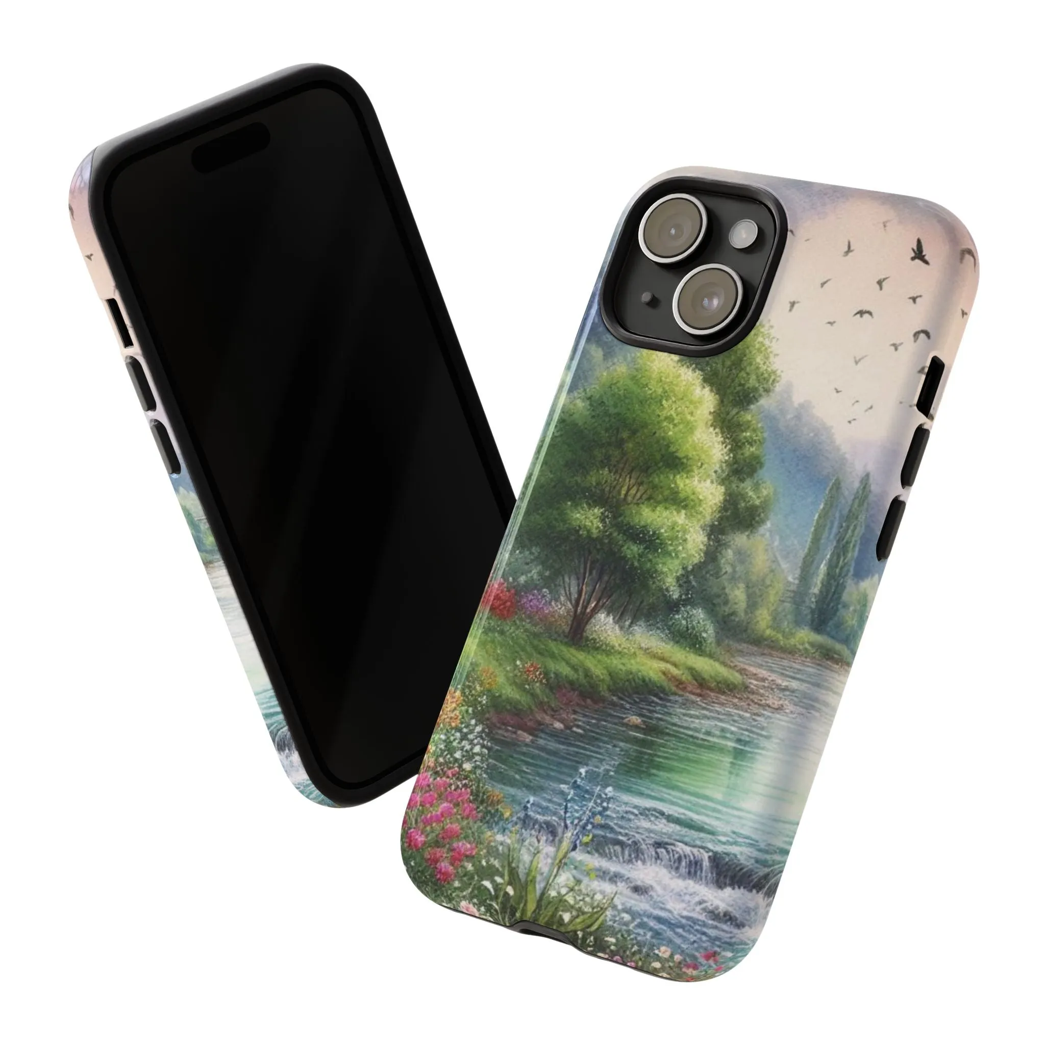 Colorful flowers and nature by a flowing river in spring watercolour effect Tough Cases
