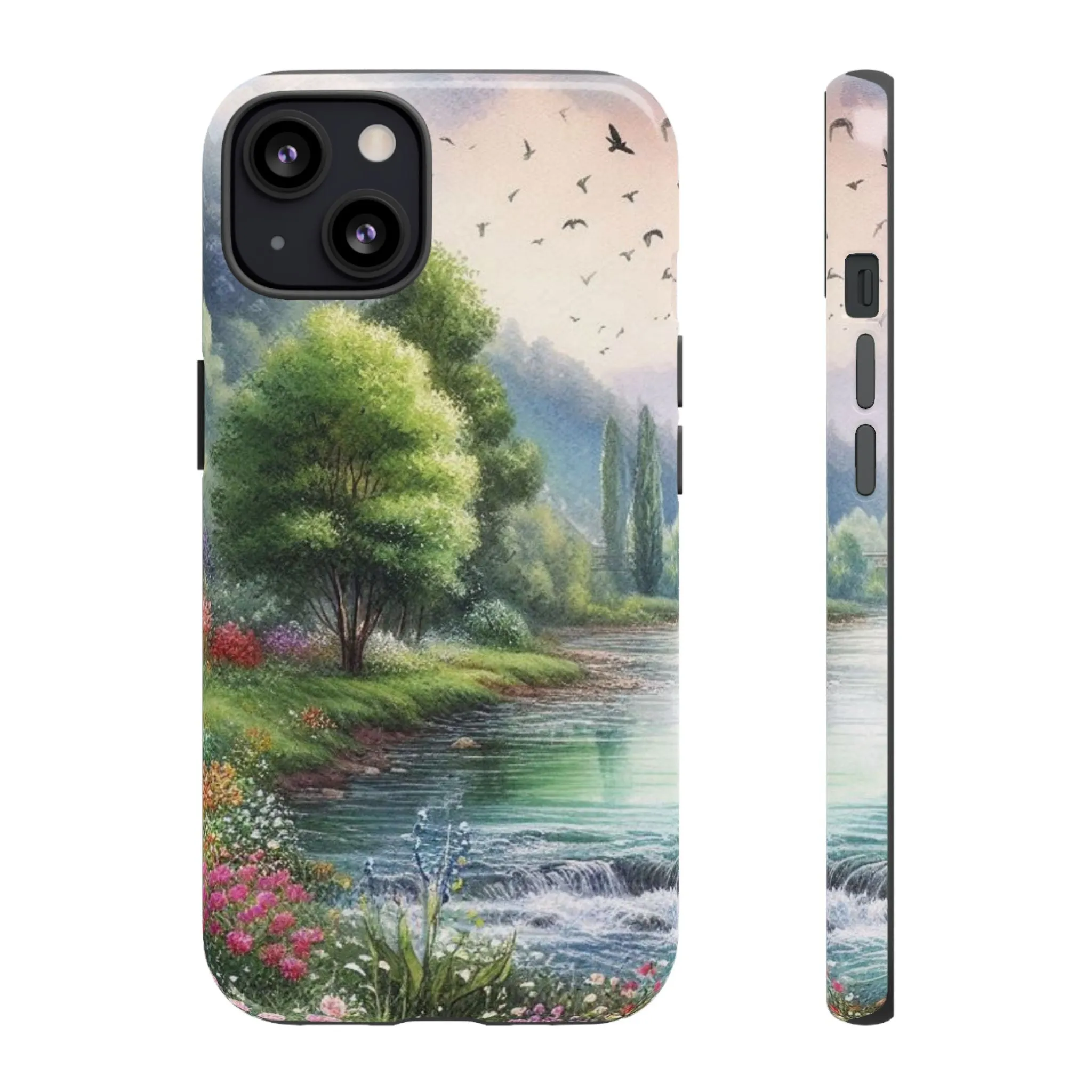 Colorful flowers and nature by a flowing river in spring watercolour effect Tough Cases