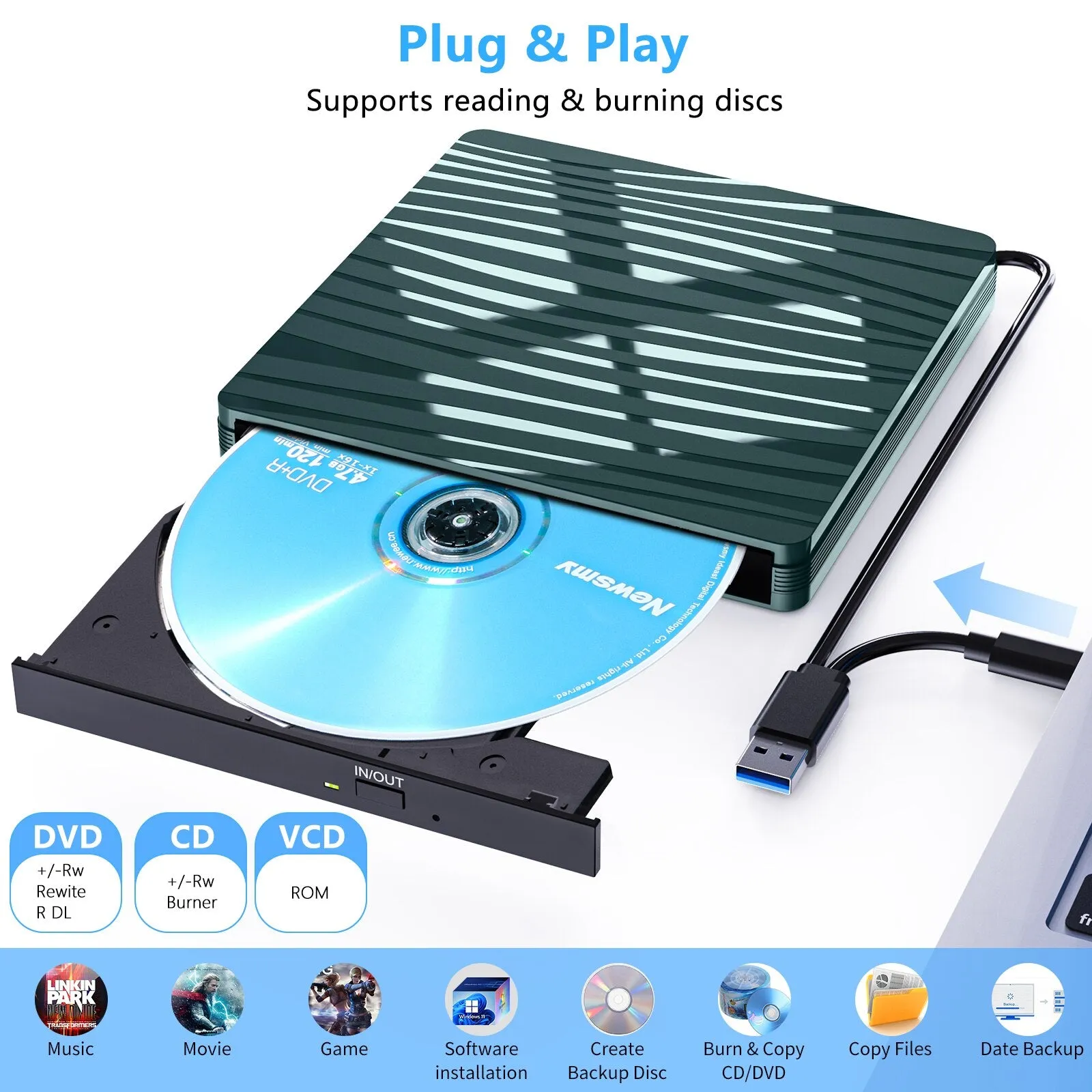 Portable External DVD Drive USB 3.0 Type-C DVD Player For Laptop CD DVD  /-RW Disk Drive CD ROM Burner Windows Linux OS MacBook