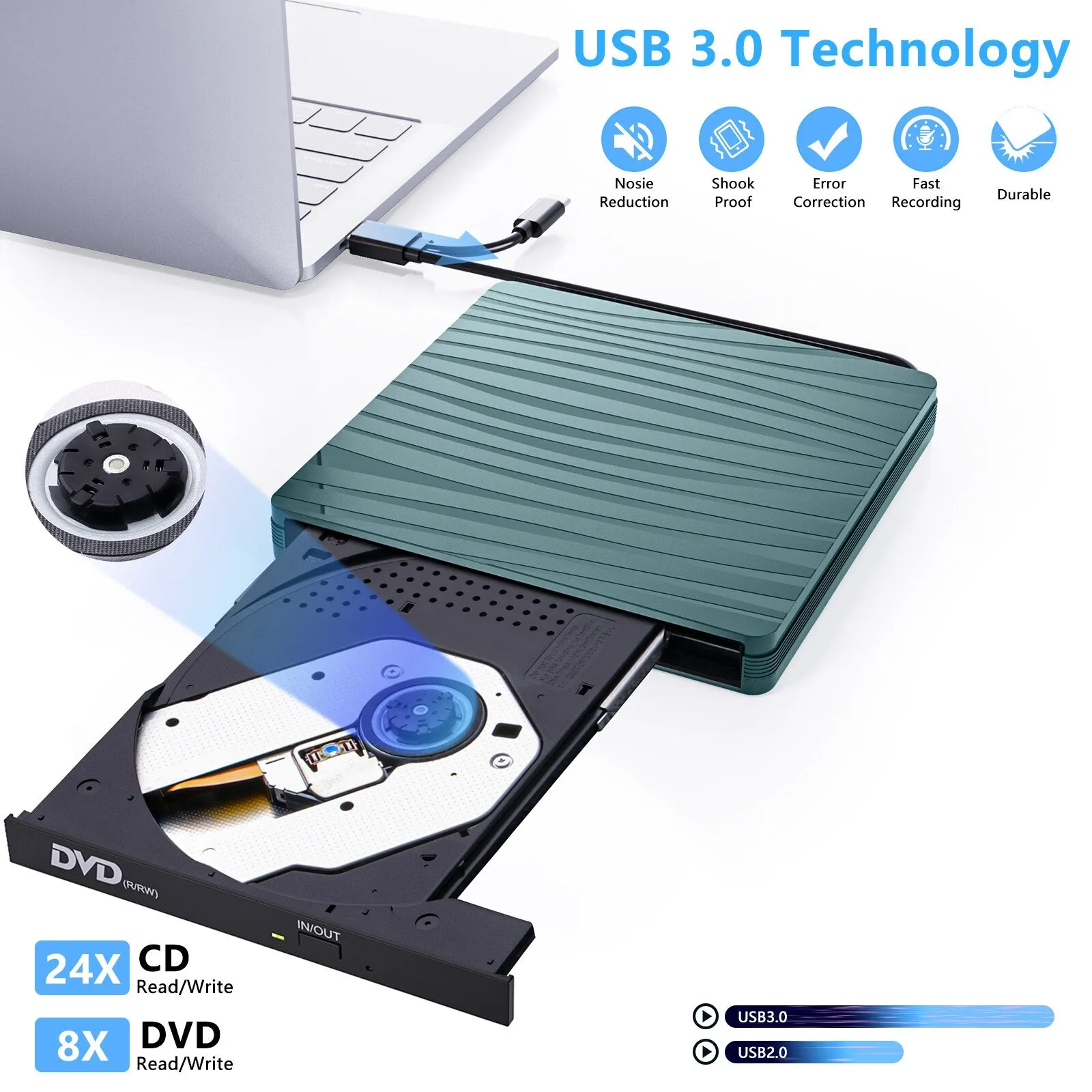 Portable External DVD Drive USB 3.0 Type-C DVD Player For Laptop CD DVD  /-RW Disk Drive CD ROM Burner Windows Linux OS MacBook
