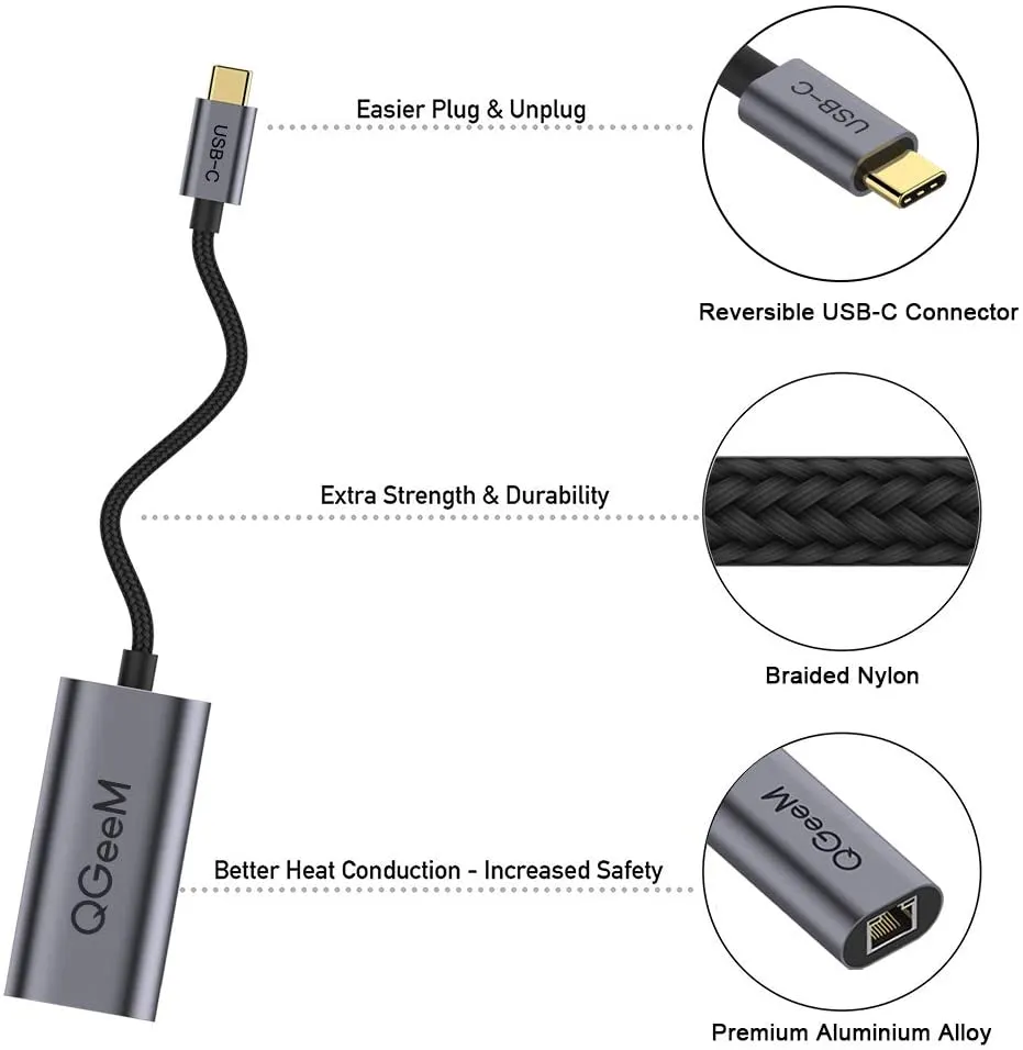 USB C to Ethernet adapter, QGeeM Gigabit Ethernet to USB Type C, Thunderbolt 3/4 to RJ45 LAN network adapter