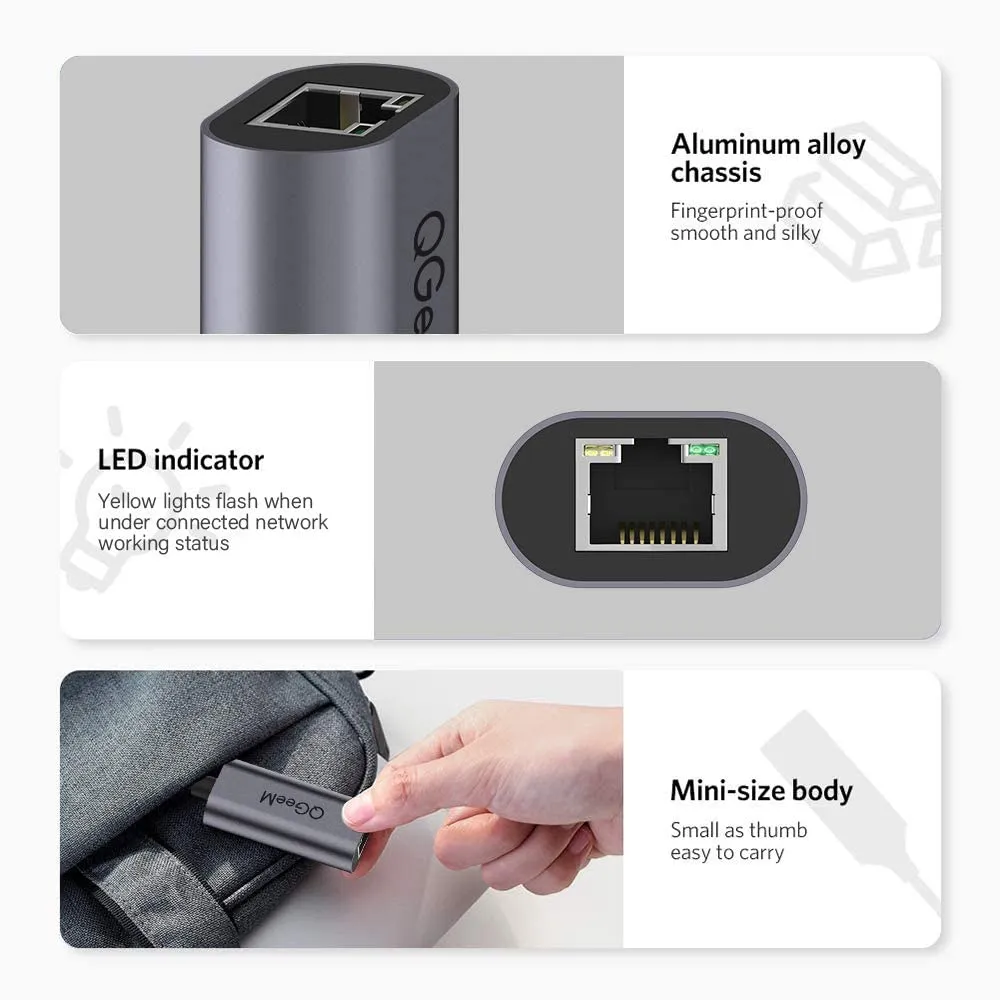 USB C to Ethernet adapter, QGeeM Gigabit Ethernet to USB Type C, Thunderbolt 3/4 to RJ45 LAN network adapter